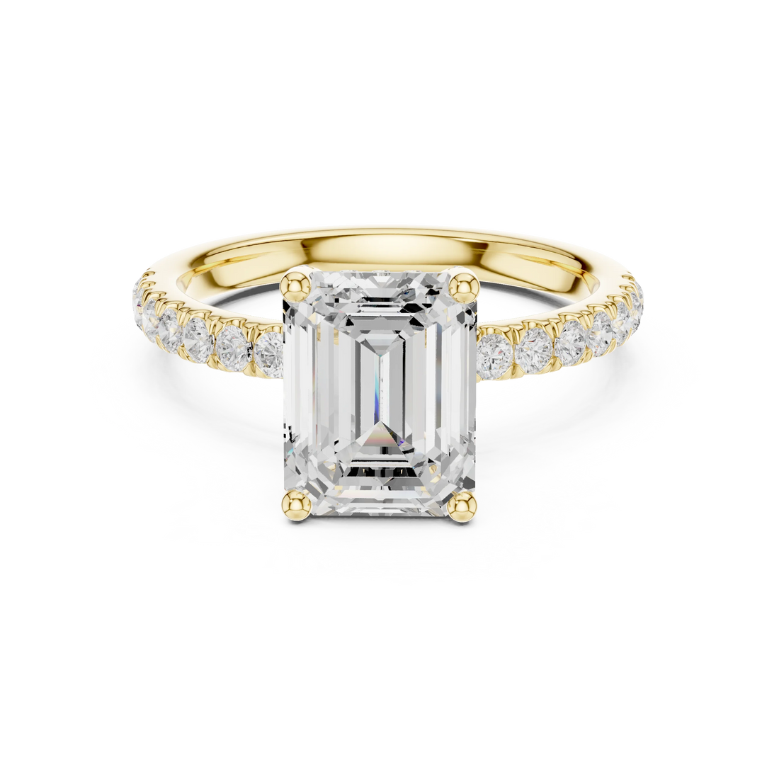 Emerald solitaire ring in yellow gold with pave diamond band and lab-grown diamond – Australia