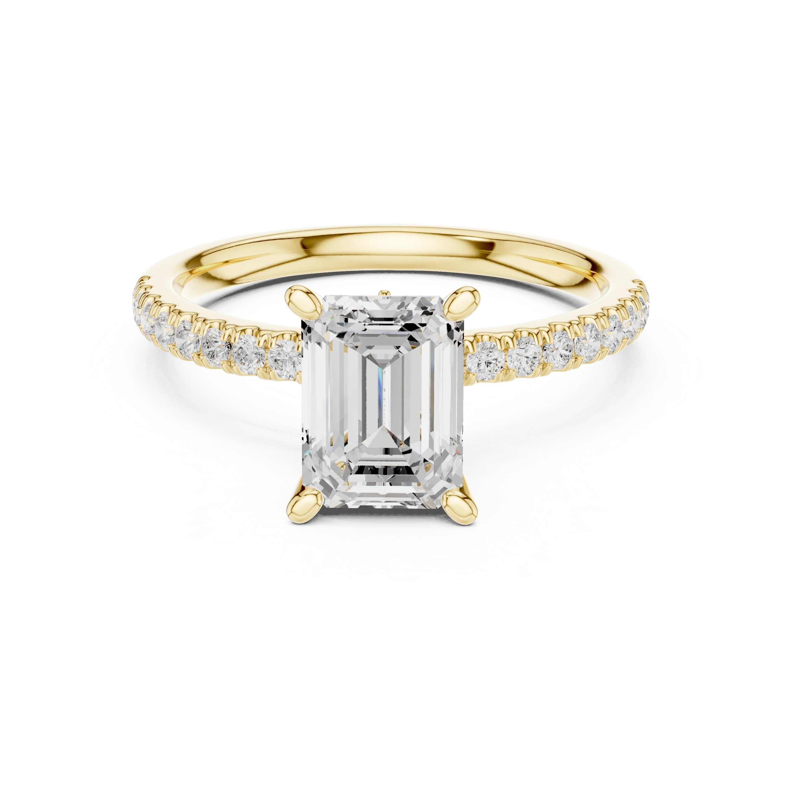 Emerald solitaire ring in yellow gold with pave diamond band and lab-grown diamond – Australia