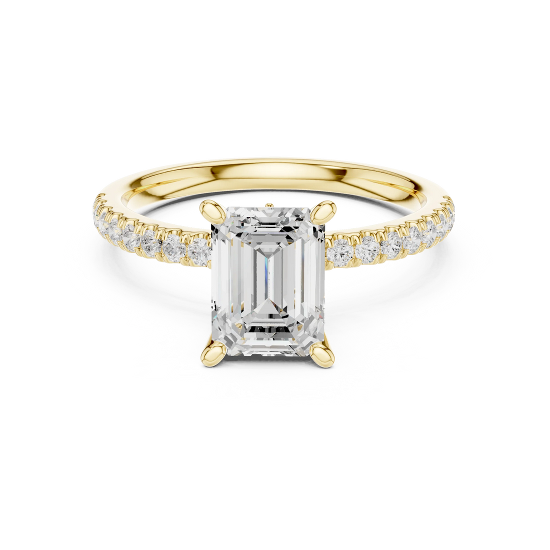 Emerald solitaire ring in yellow gold with pave diamond band and lab-grown diamond – Australia