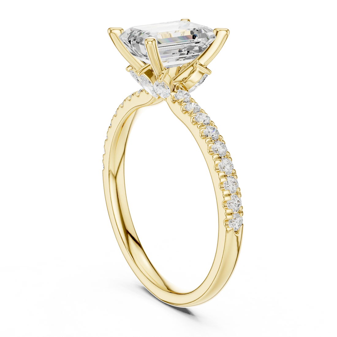 Back side view of yellow gold emerald solitaire ring with pave diamond band and lab-grown diamond – Australia