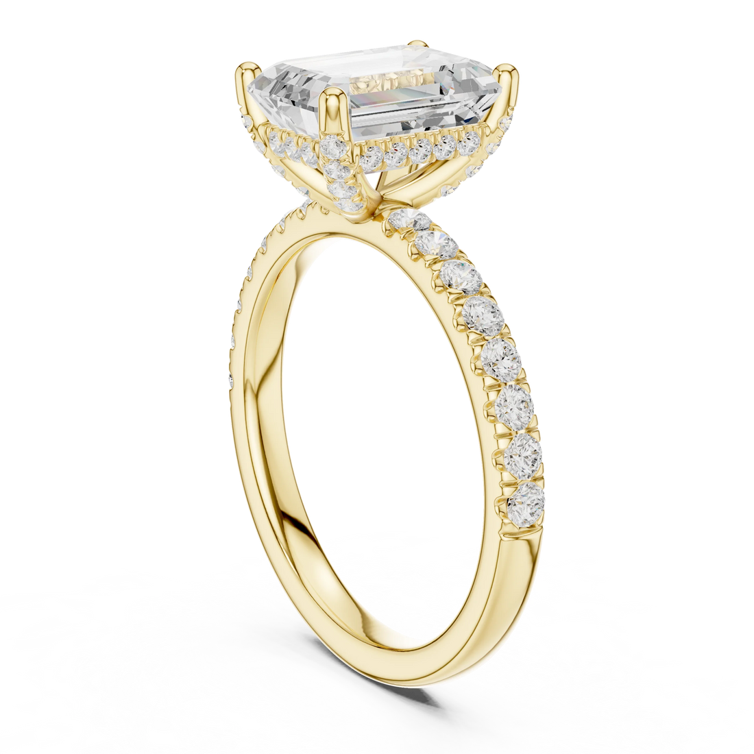 Back view of yellow gold emerald solitaire ring with pave diamond band and lab-grown diamond – Australia
