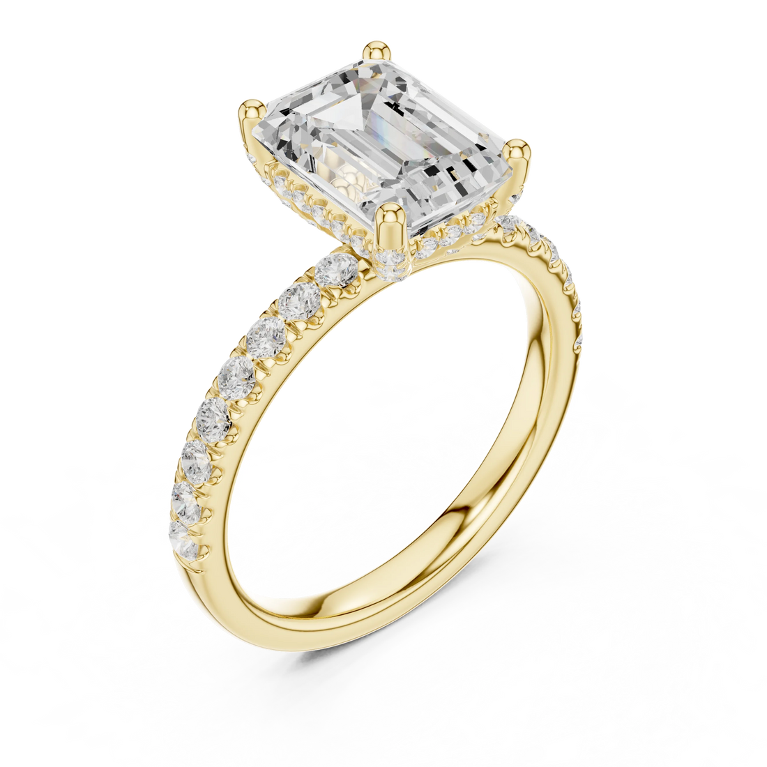 Front view of yellow gold emerald solitaire ring with pave diamond band and lab-grown diamond – Australia