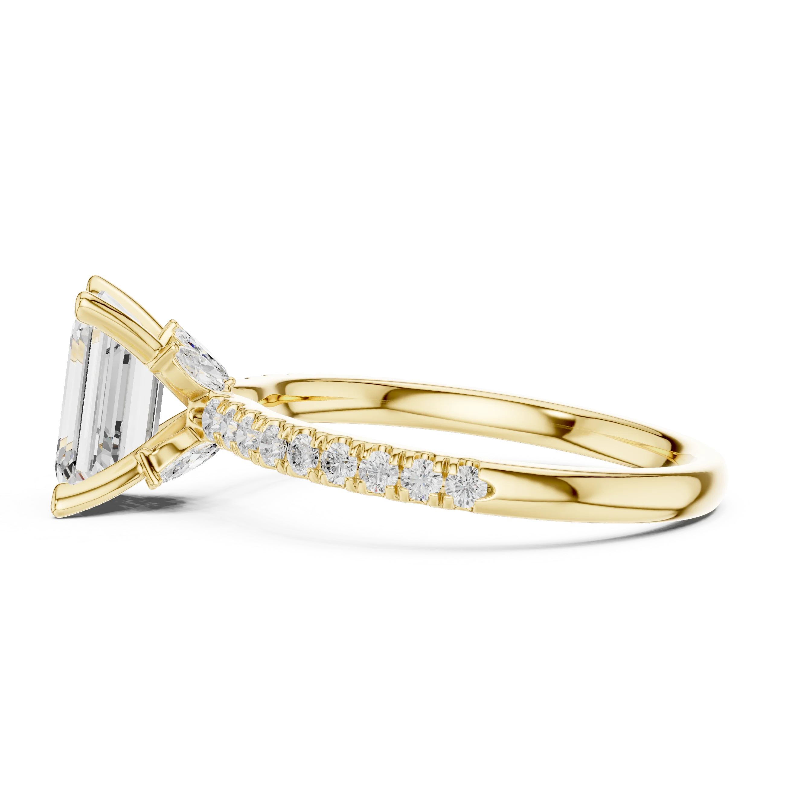 Side view of yellow gold emerald solitaire ring with pave diamond band and lab-grown diamond – Australia