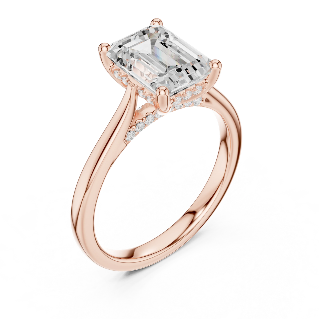 Front view of rose gold emerald solitaire ring with plain domed band and lab-grown diamond – Australia