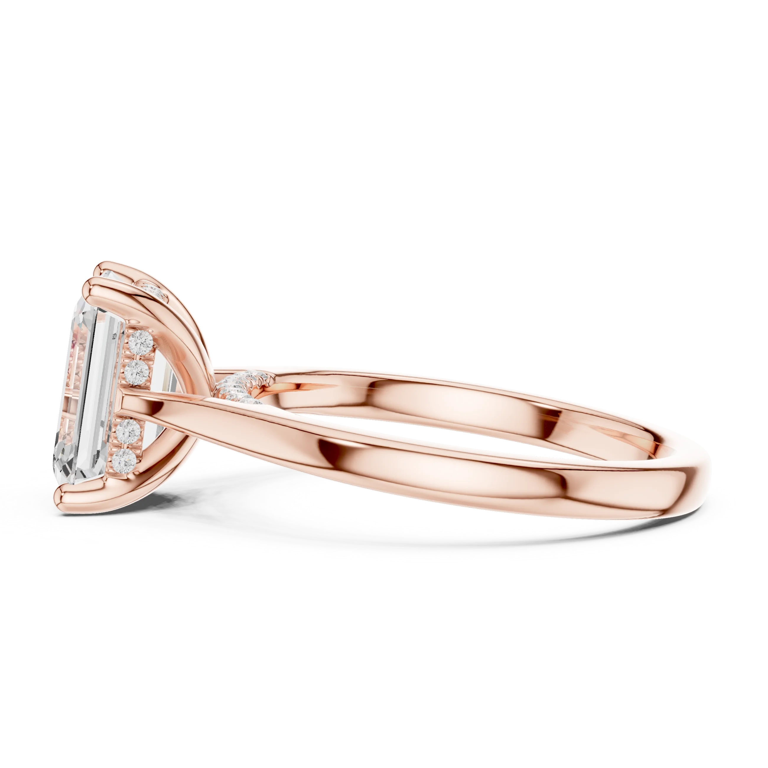 Side view of rose gold emerald solitaire ring with plain domed band and lab-grown diamond – Australia