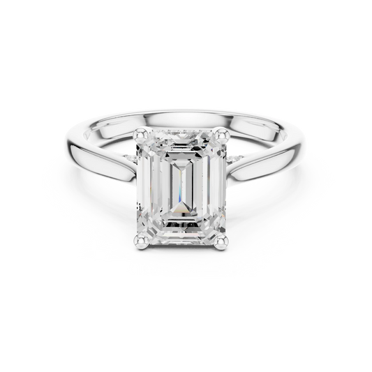 Emerald solitaire ring in white gold with plain domed band and lab-grown diamond – Australia