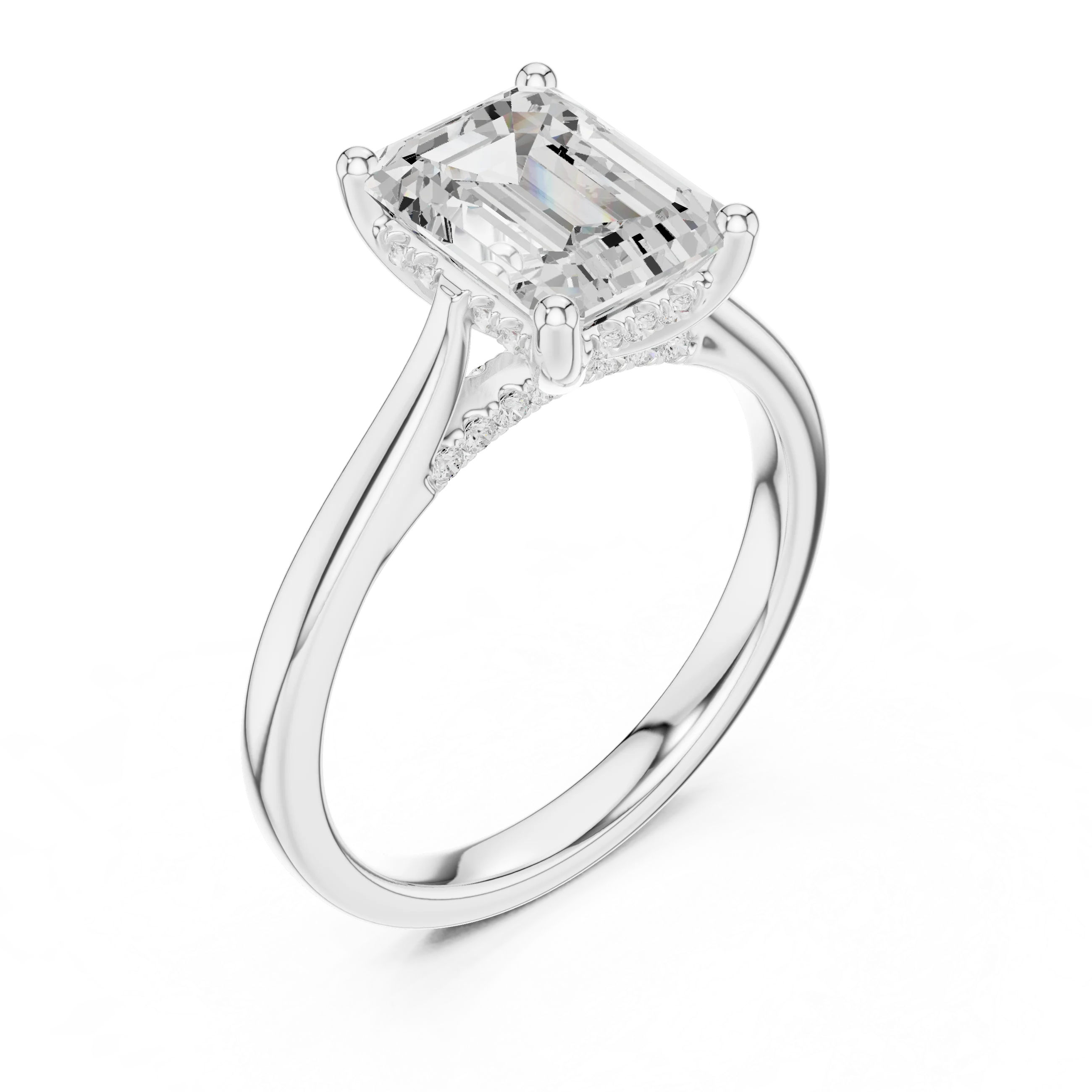 Front view of white gold emerald solitaire ring with plain domed band and lab-grown diamond – Australia
