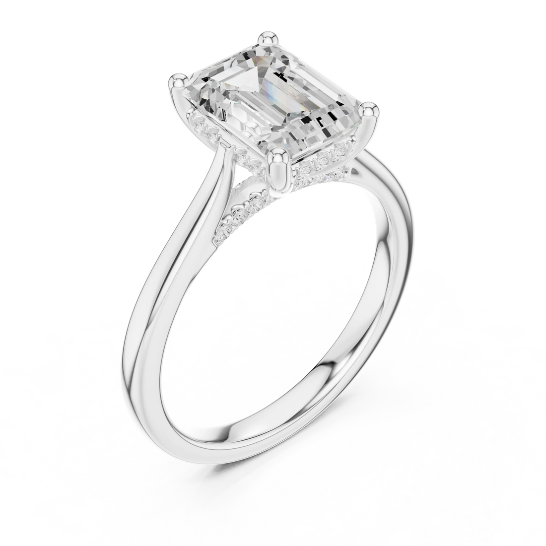 Front view of white gold emerald solitaire ring with plain domed band and lab-grown diamond – Australia