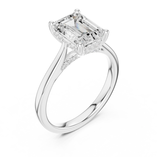 Front view of white gold emerald solitaire ring with plain domed band and lab-grown diamond – Australia