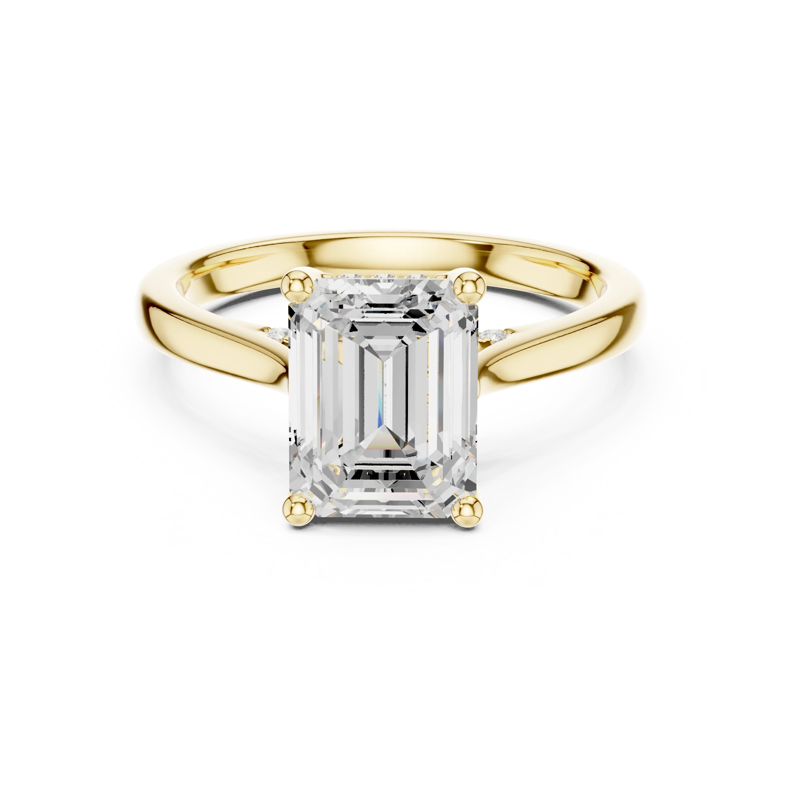 Emerald solitaire ring in yellow gold with plain domed band and lab-grown diamond – Australia