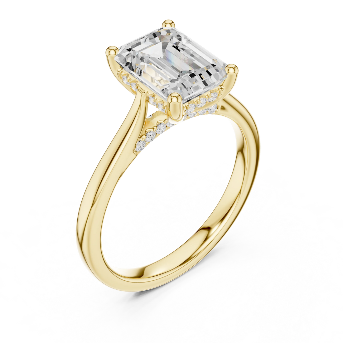 Front view of yellow gold emerald solitaire ring with plain domed band and lab-grown diamond – Australia