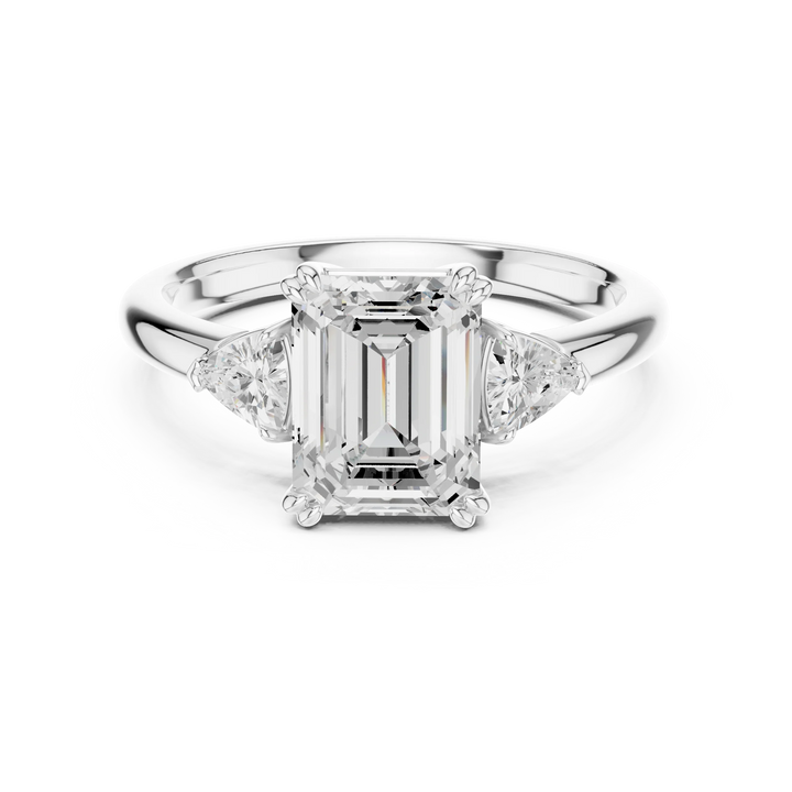 Emerald three-stone ring in white gold with half-moon side stones and lab-grown diamond – Australia