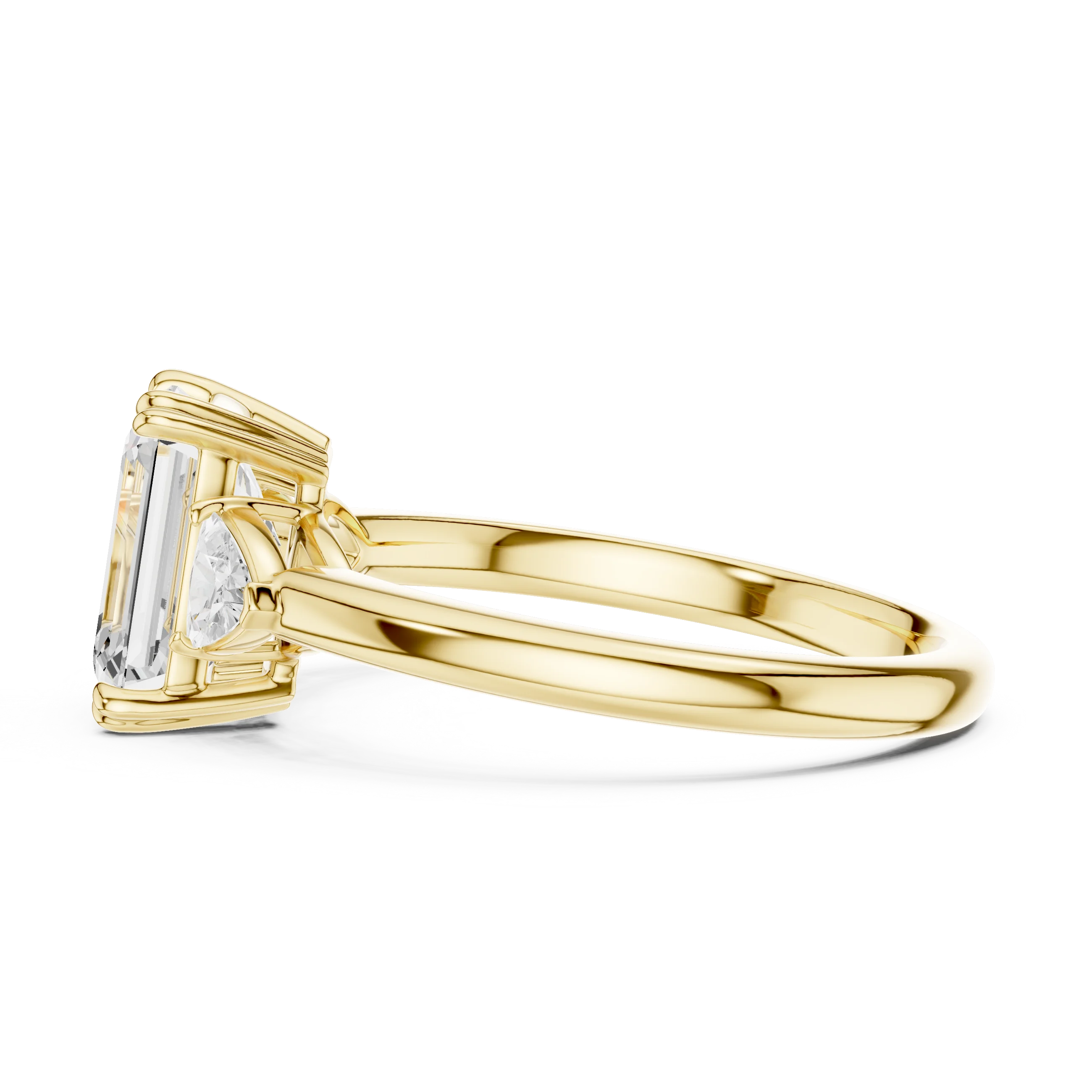 Side view of yellow gold emerald three-stone ring with half-moon side stones and lab-grown diamond – Australia