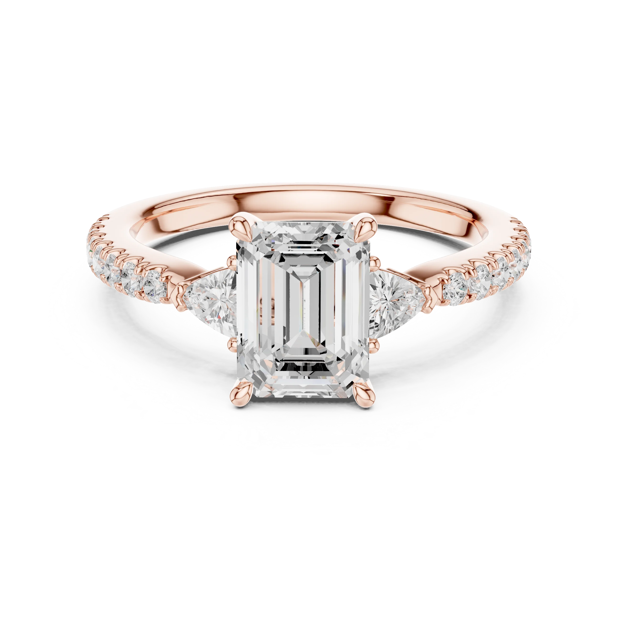 Lab-grown emerald cut three stone diamond pave ring in rose gold, soft tone top view.