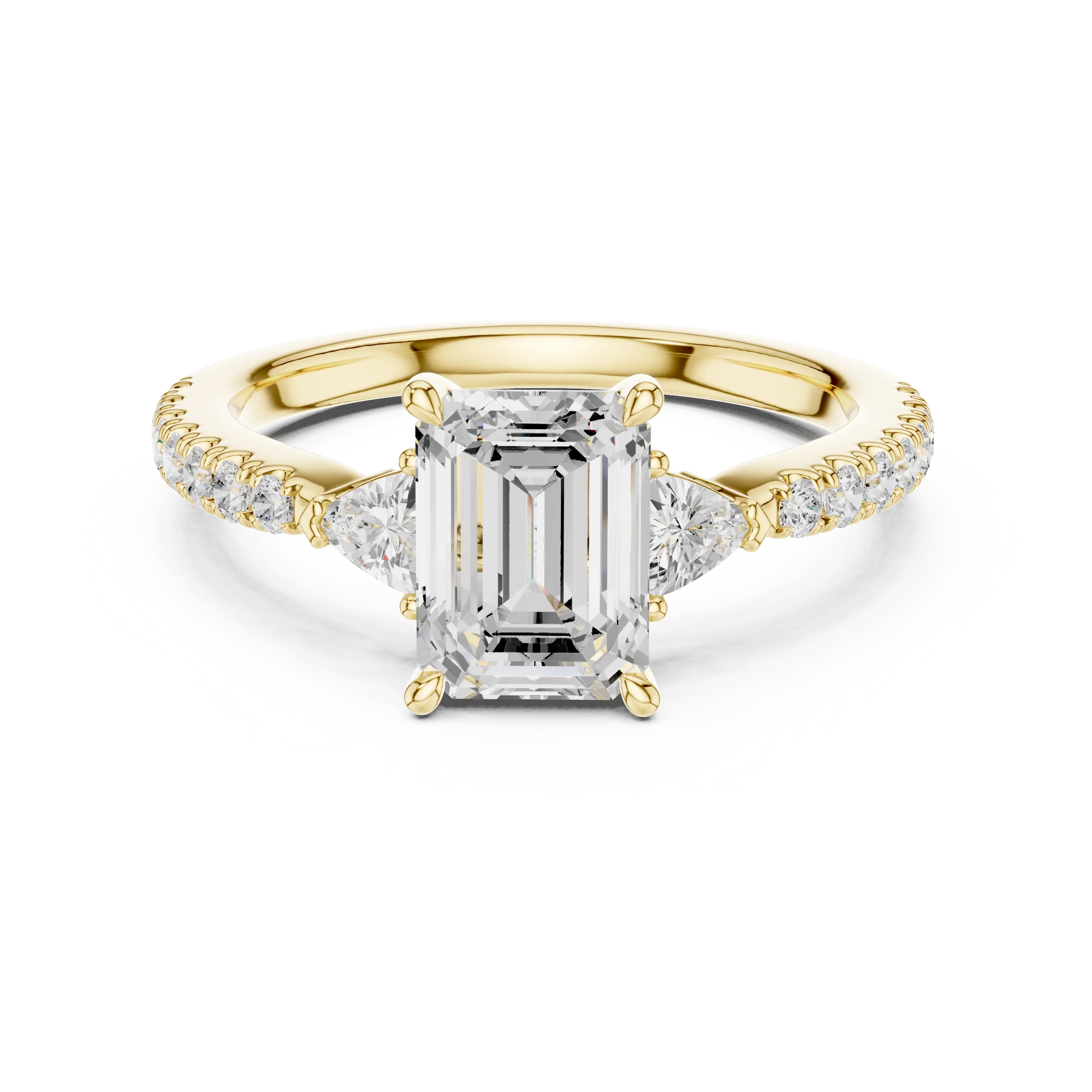 Lab-grown emerald cut three stone diamond pave ring in yellow gold, classic top view.