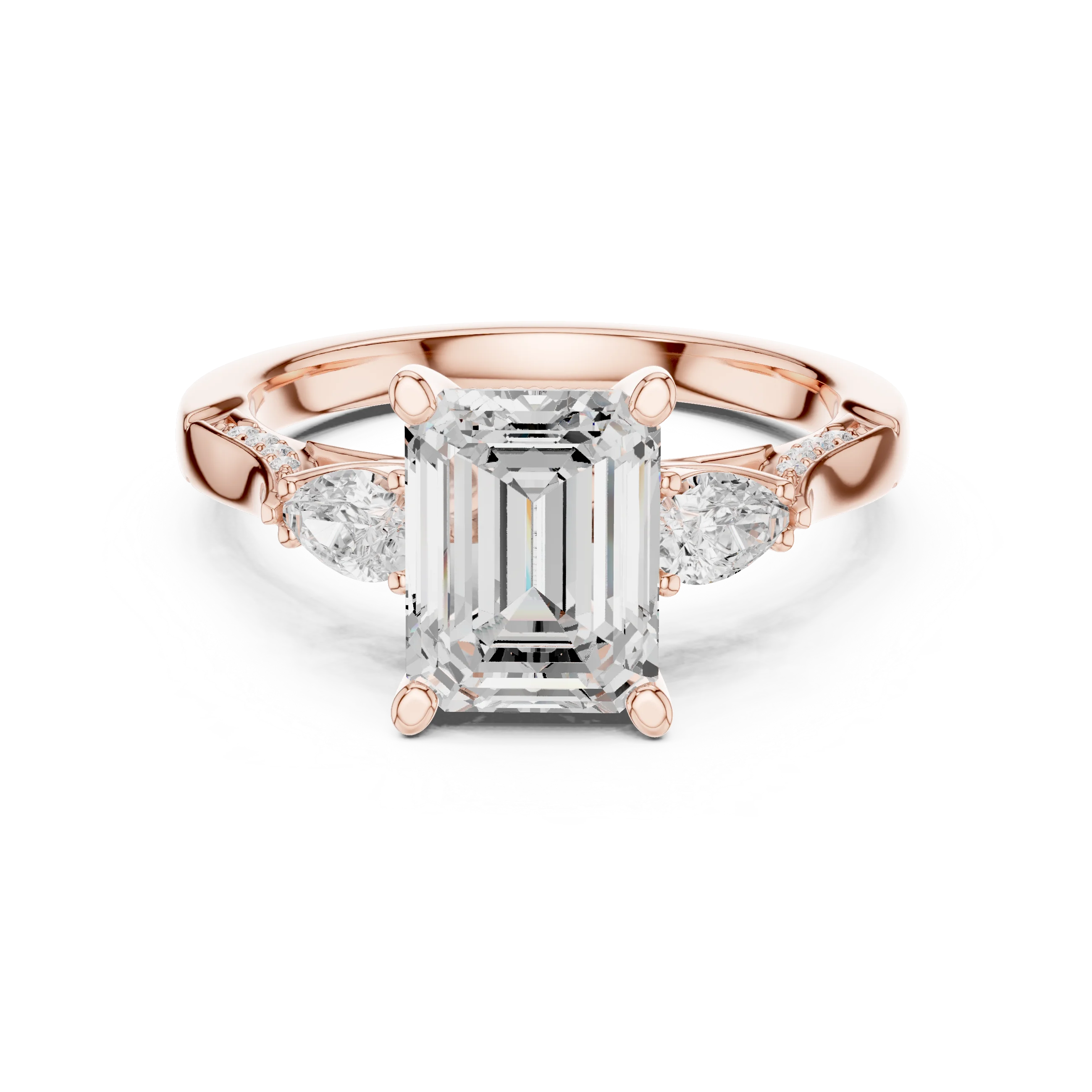 Emerald three stone ring in rose gold with pear side stones, accent band and lab-grown diamonds – Australia