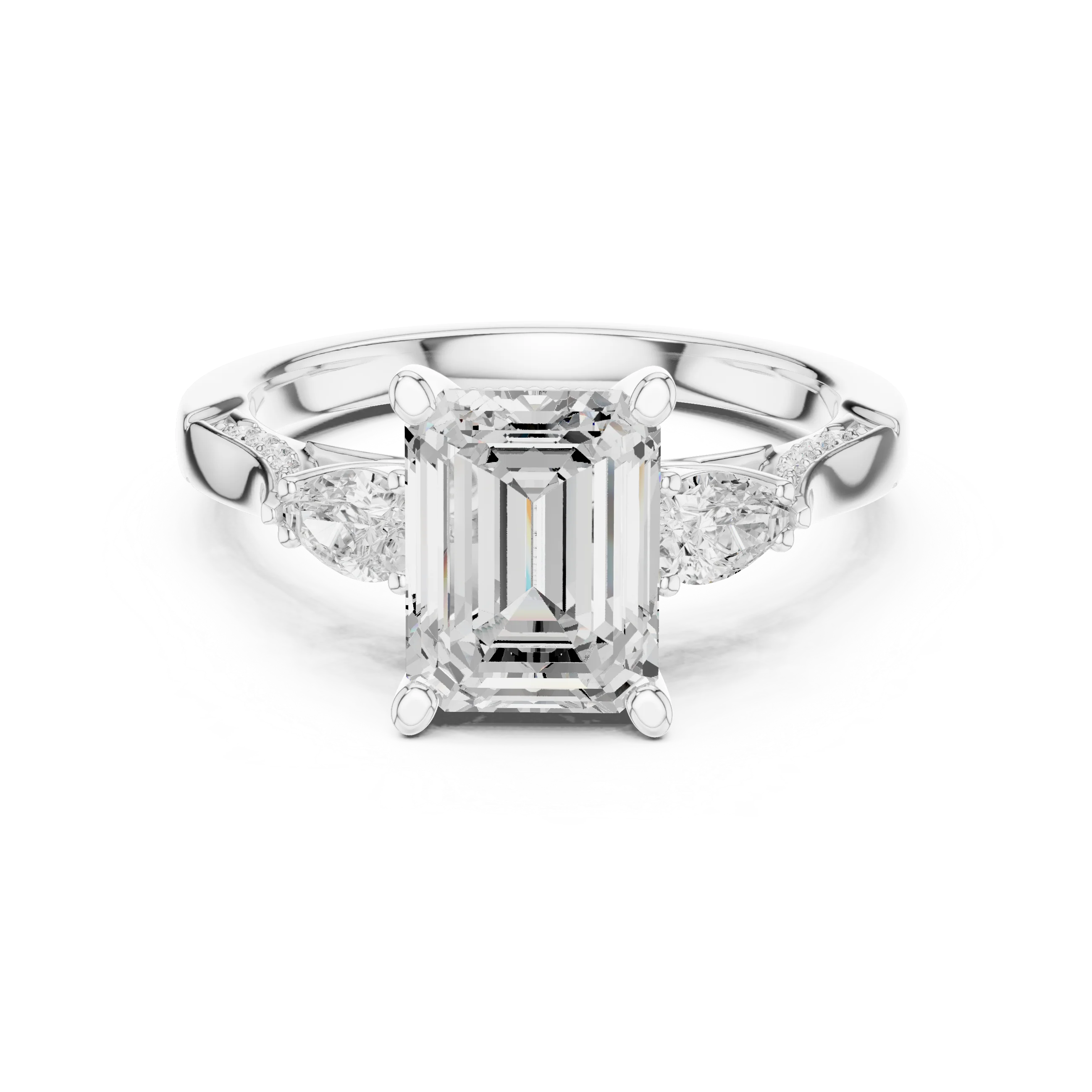 Emerald three stone ring in white gold with pear side stones, accent band and lab-grown diamonds – Australia