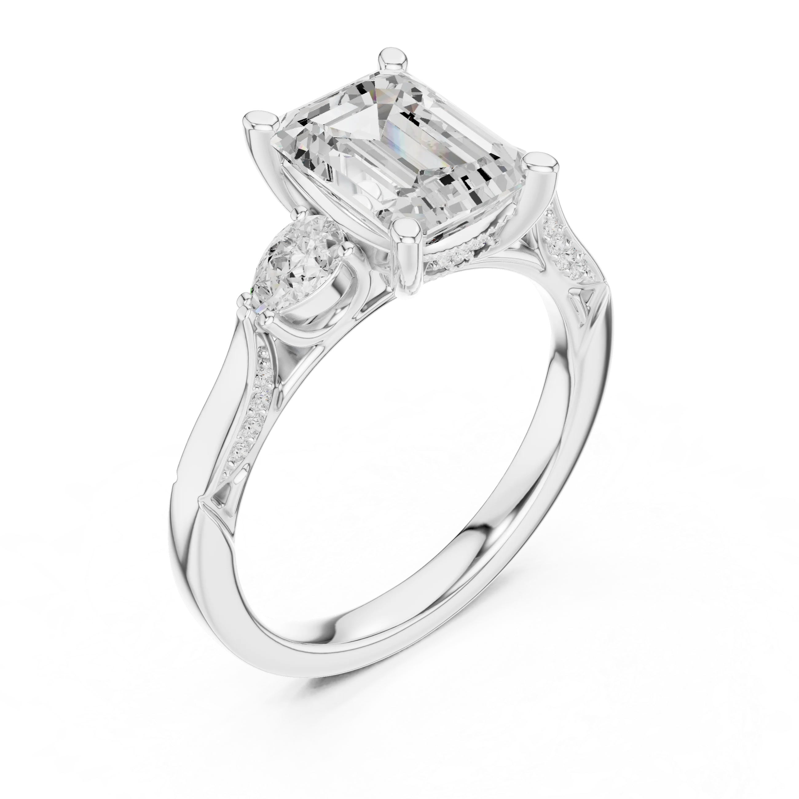Front view of white gold emerald three stone ring with pear side stones, accent band and lab-grown diamonds – Australia