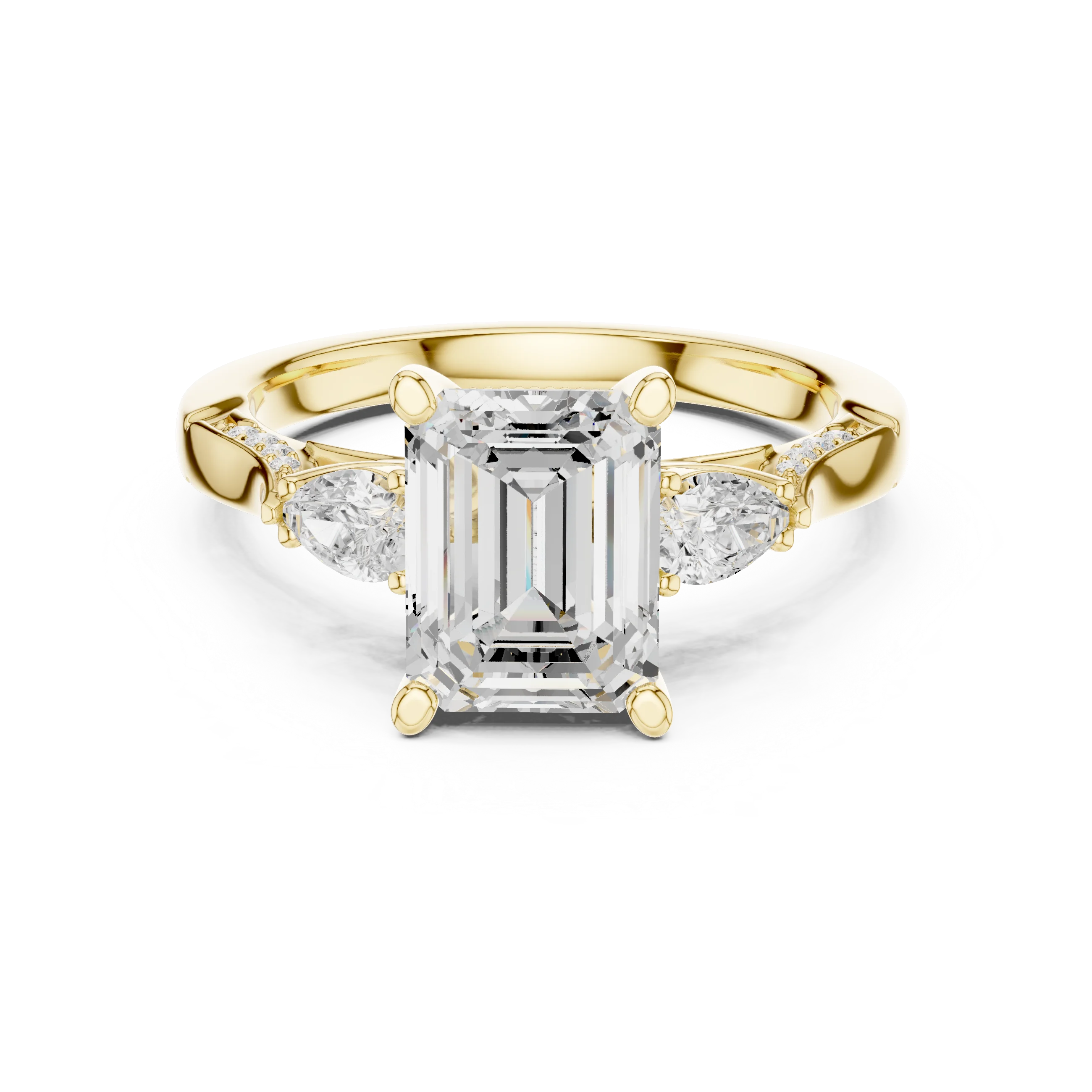 Emerald three stone ring in yellow gold with pear side stones, accent band and lab-grown diamonds – Australia