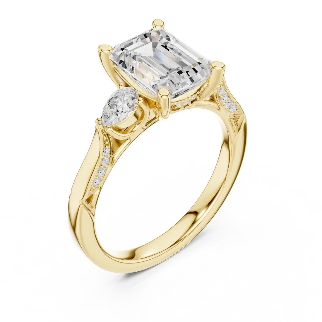 Front view of yellow gold emerald three stone ring with pear side stones, accent band and lab-grown diamonds – Australia