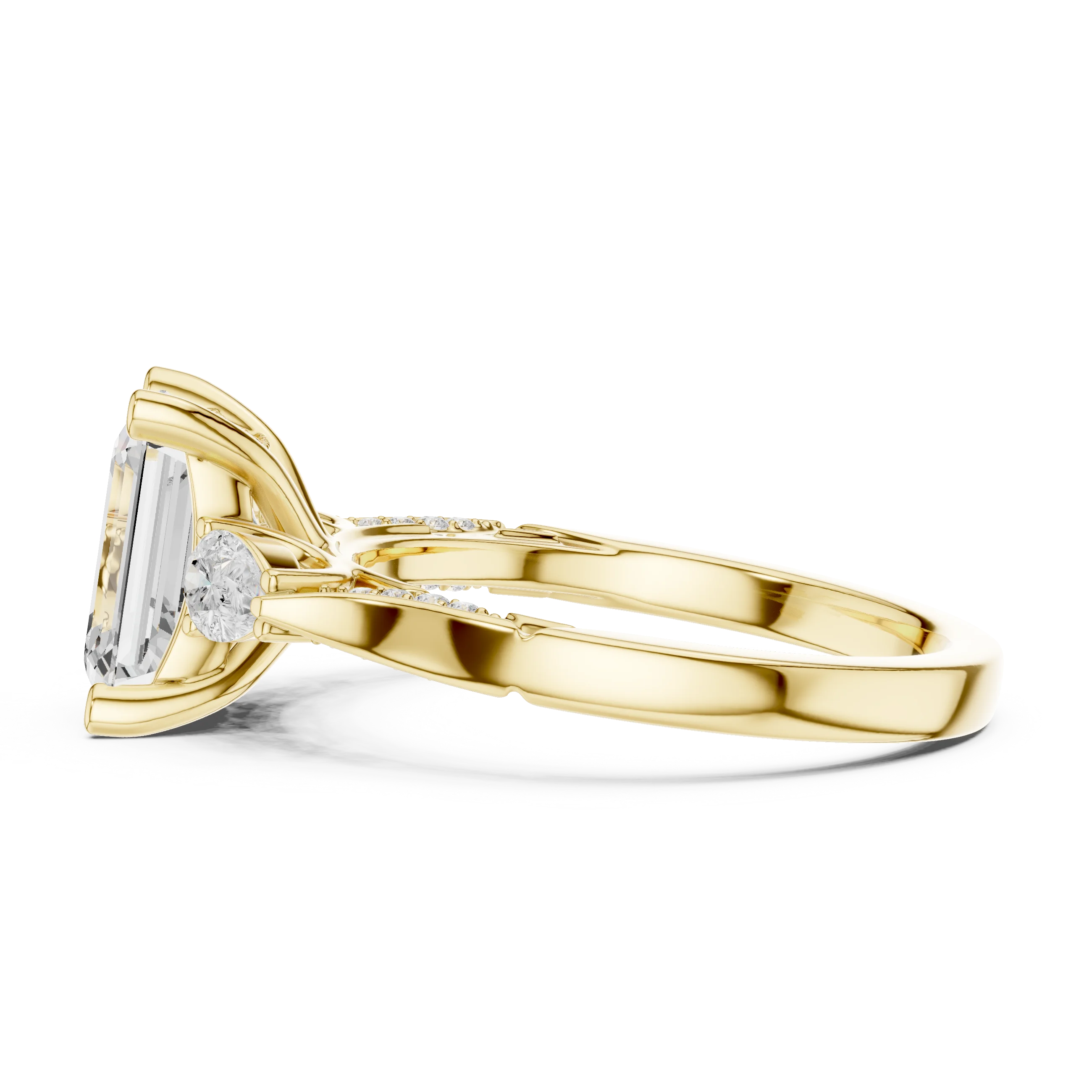 Side view of yellow gold emerald three stone ring with pear side stones, accent band and lab-grown diamonds – Australia