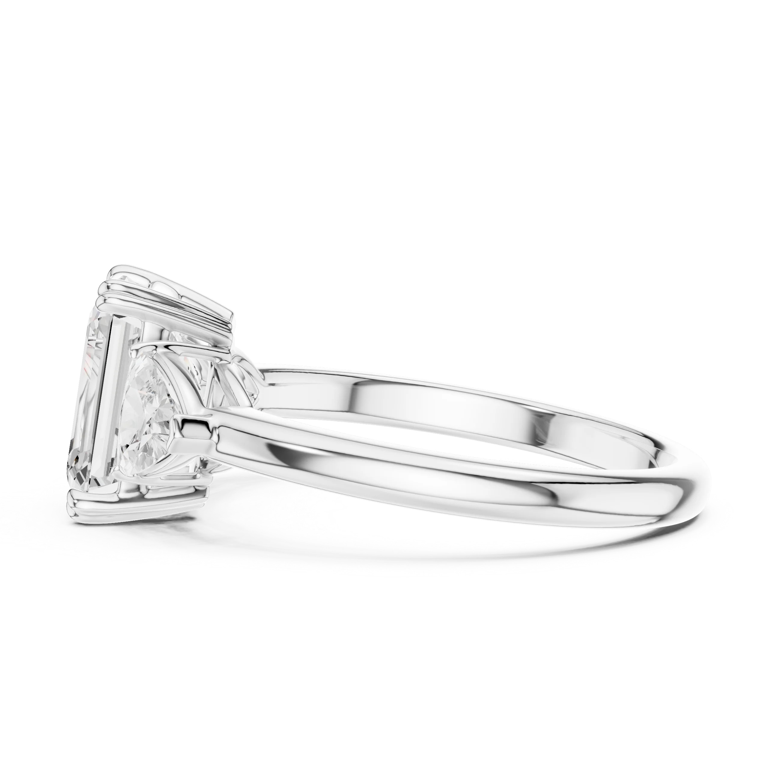 Side view of white gold emerald three-stone ring with trillion cut side stones and lab-grown diamond – Australia