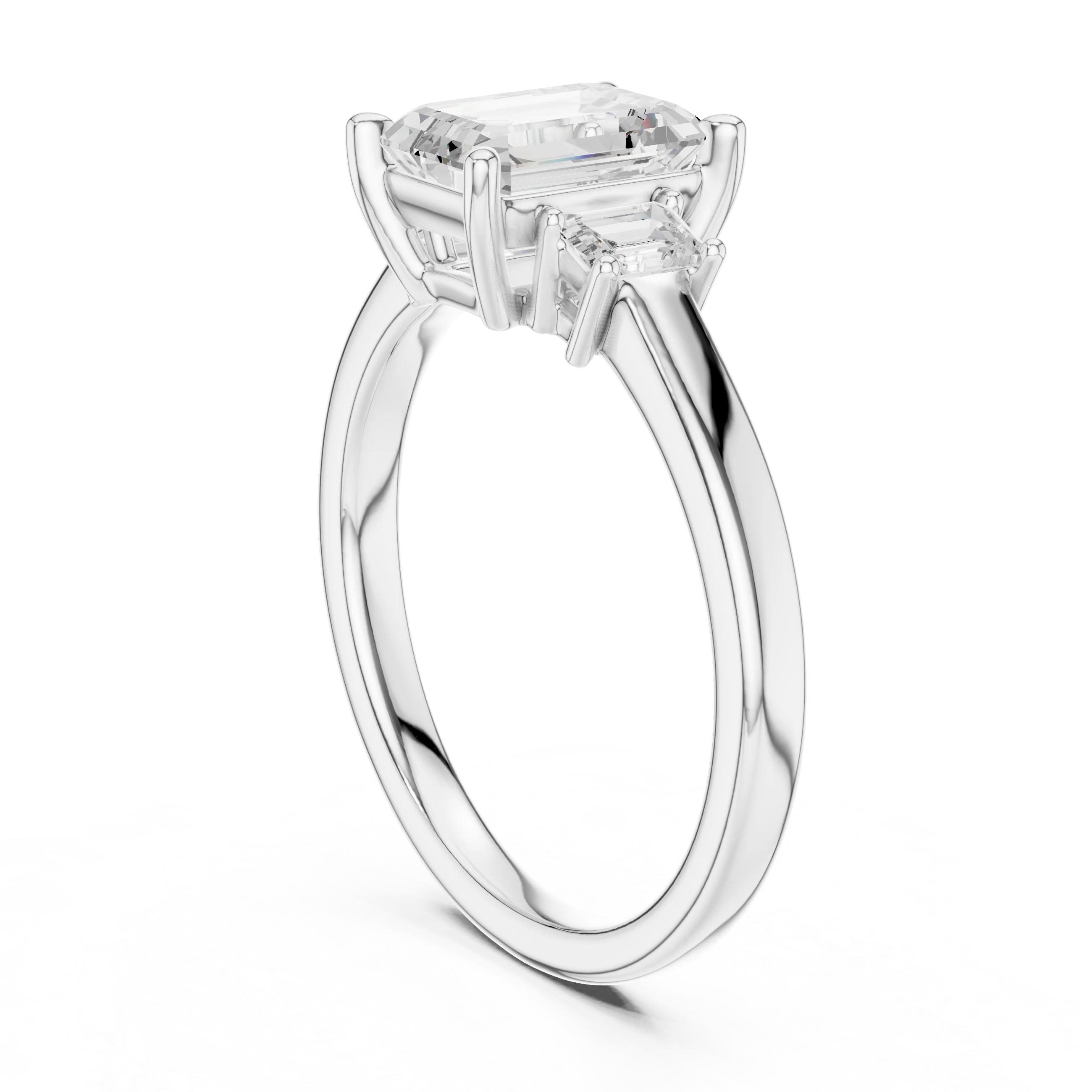Back side view of white gold emerald three stone diamond ring, showing band and setting