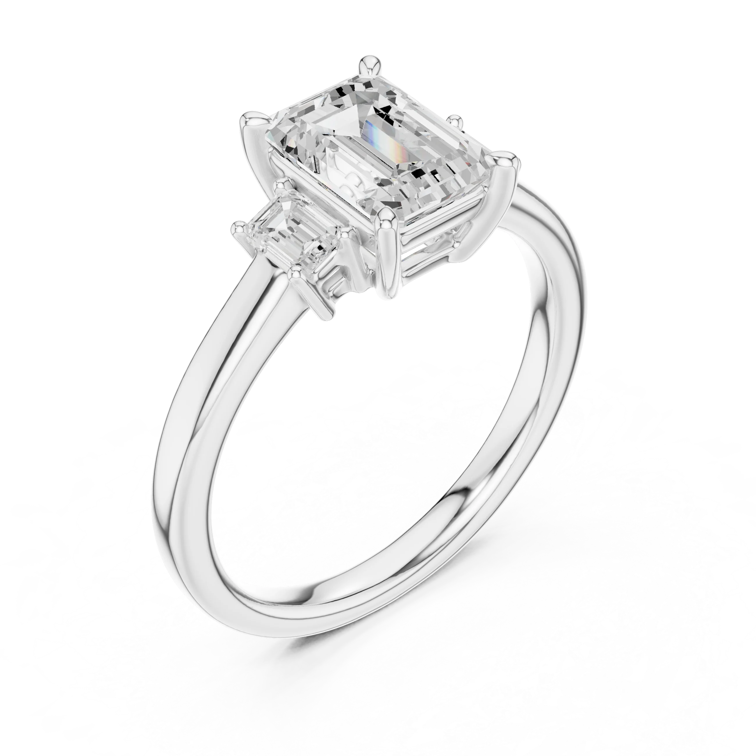 Front view of white gold emerald cut three stone diamond ring, showcasing center and side stones.