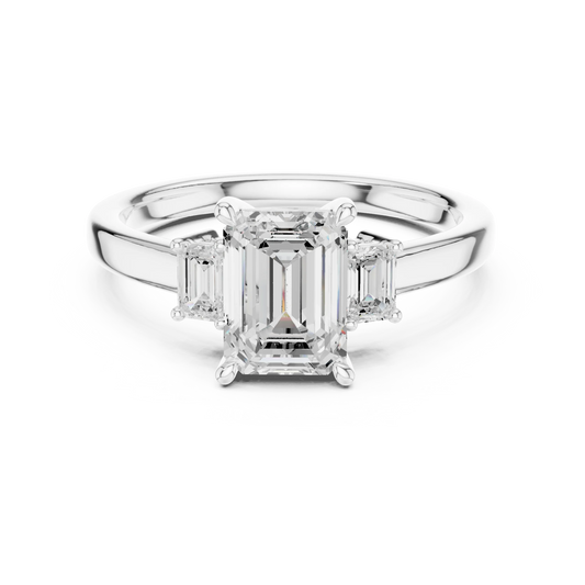 Lab-grown emerald cut three stone diamond ring in white gold, elegant top view