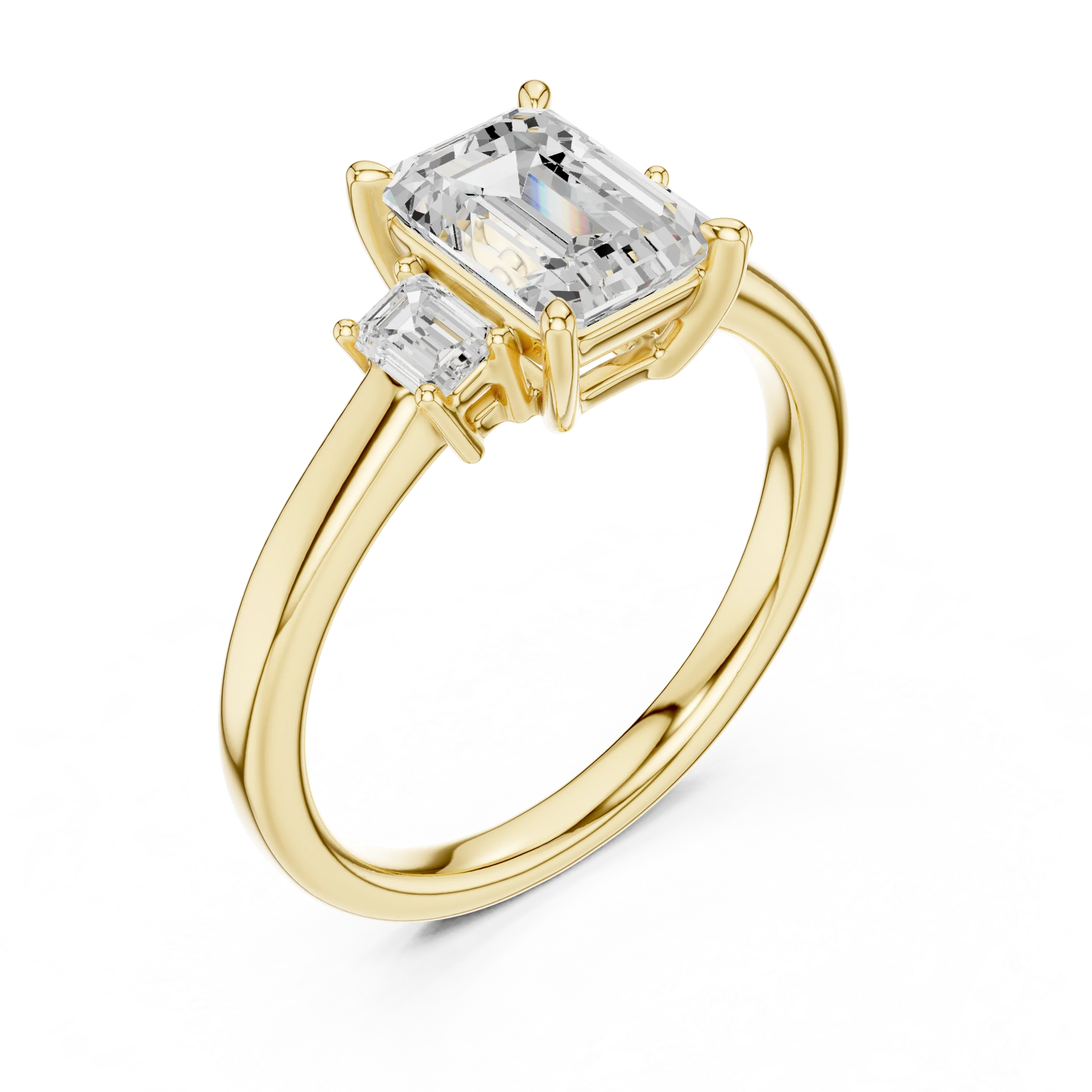 Front view of yellow gold emerald three stone diamond ring, emphasizing brilliance.