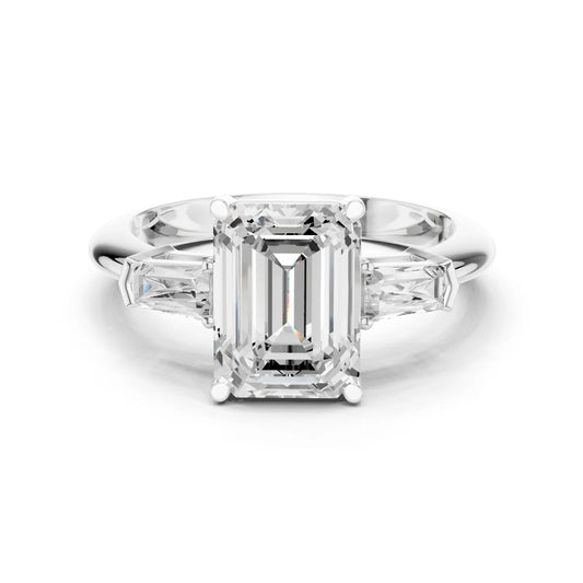 Emerald Three Stone Ring with Half Moon Side Stones