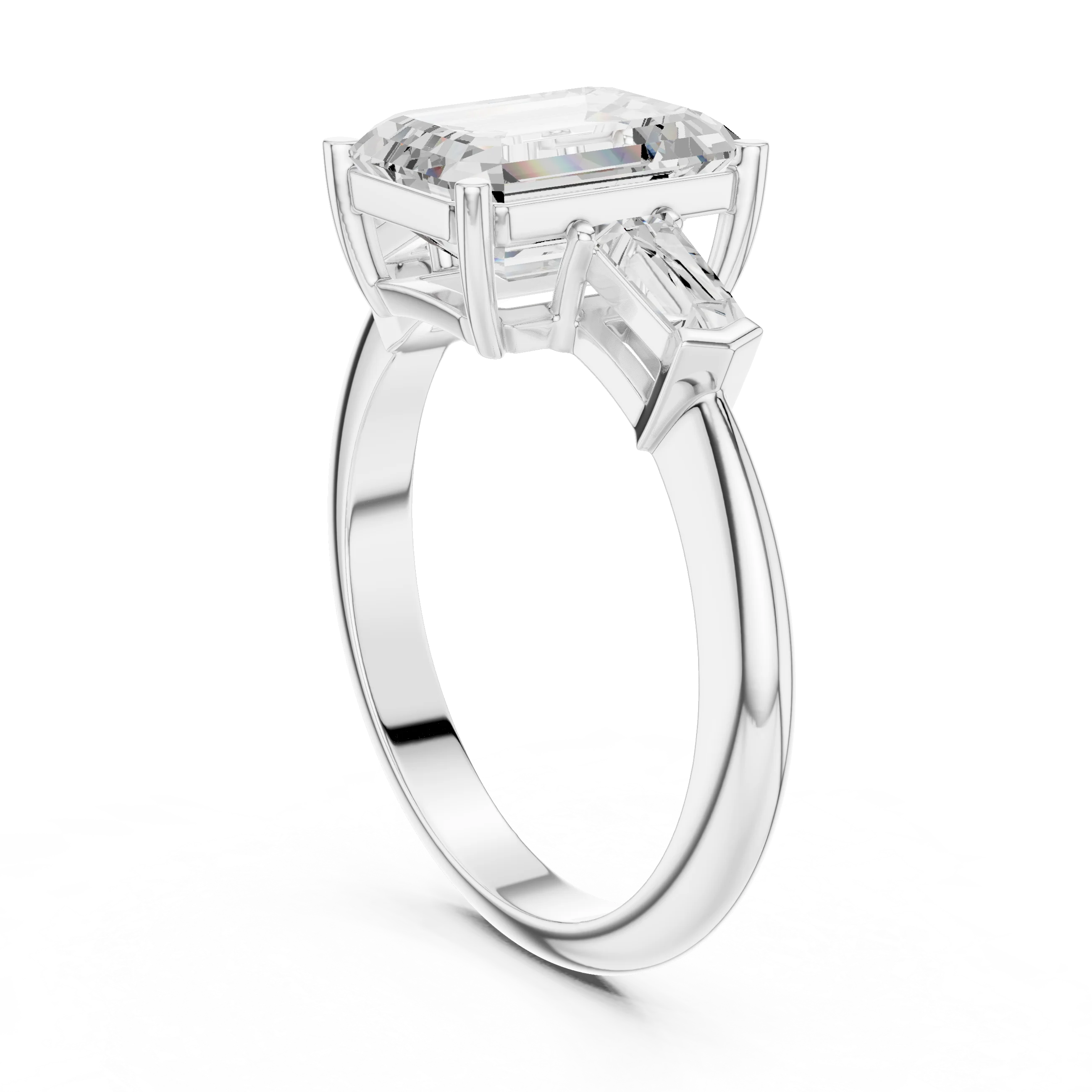Emerald Three Stone Ring with Half Moon Side Stones
