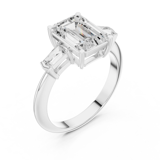 Emerald Three Stone Ring with Half Moon Side Stones