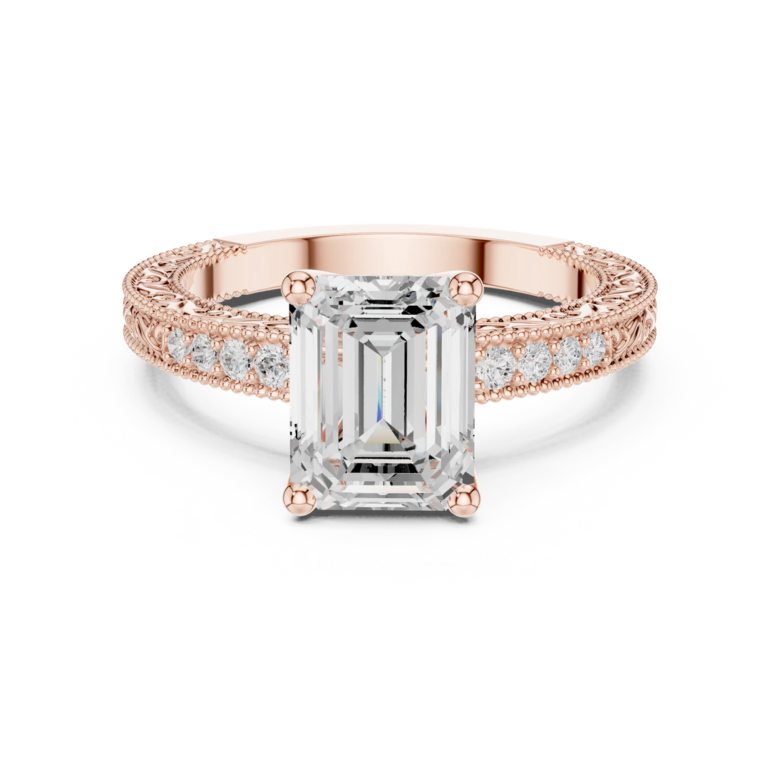Emerald vintage filigree ring in rose gold with milgrain, channel set diamond band and lab-grown diamond – Australia