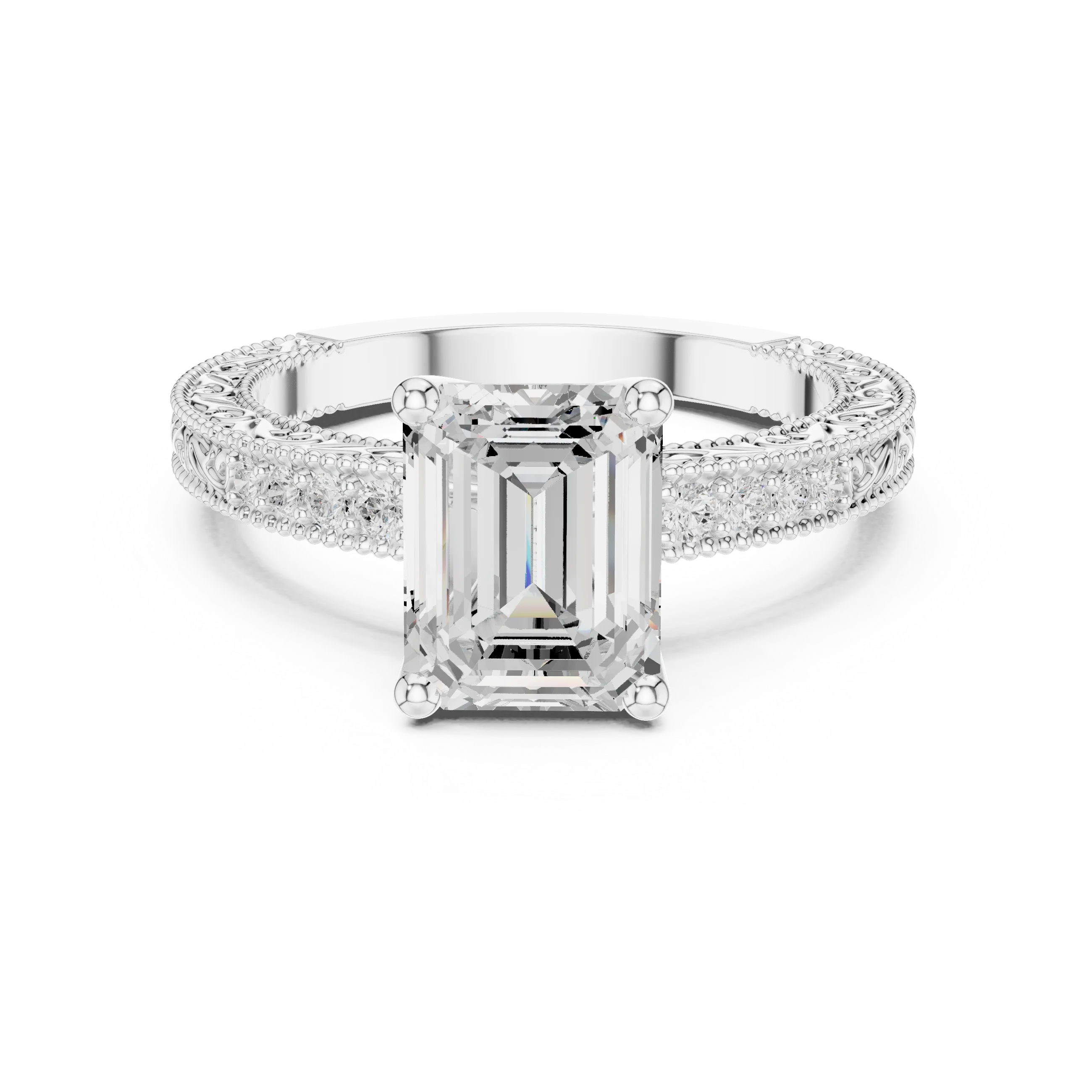 Emerald vintage filigree ring in white gold with milgrain, channel set diamond band and lab-grown diamond – Australia