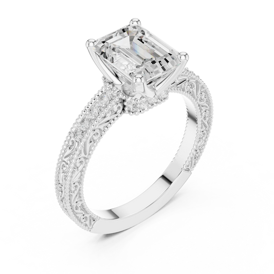 Front view of white gold emerald vintage filigree ring with milgrain, channel set diamond band and lab-grown diamond – Australia
