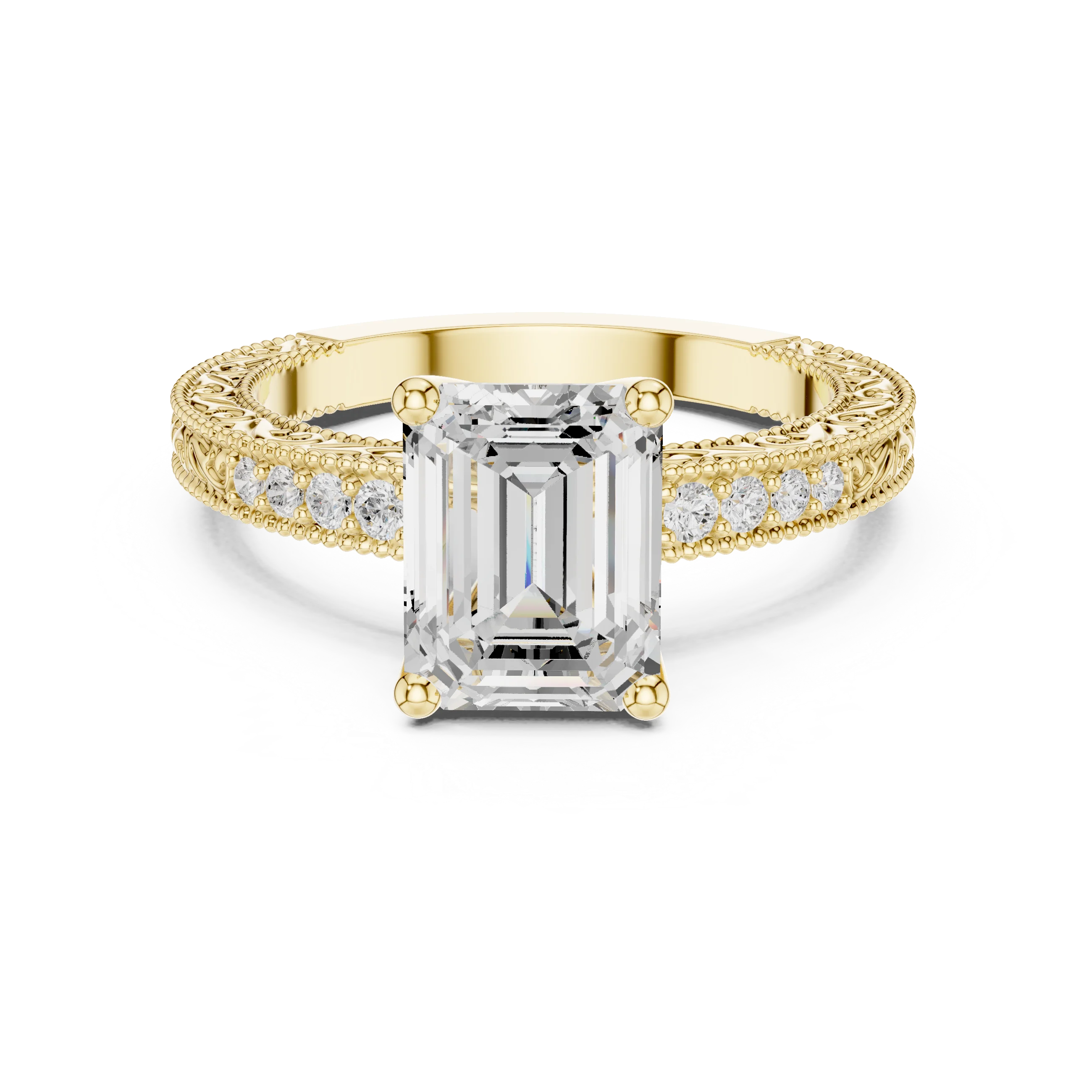 Emerald vintage filigree ring in yellow gold with milgrain, channel set diamond band and lab-grown diamond – Australia