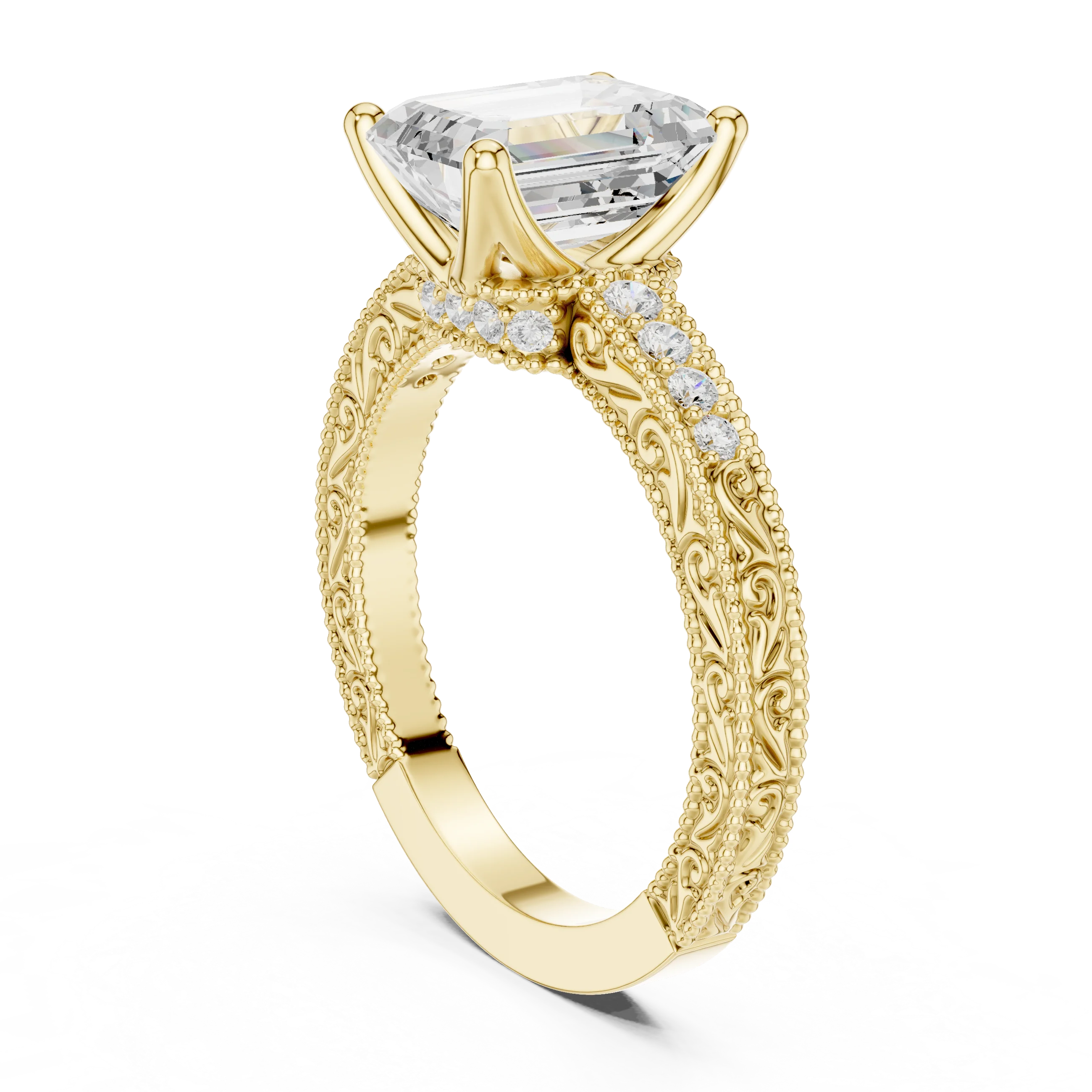 Back view of yellow gold emerald vintage filigree ring with milgrain, channel set diamond band and lab-grown diamond – Australia