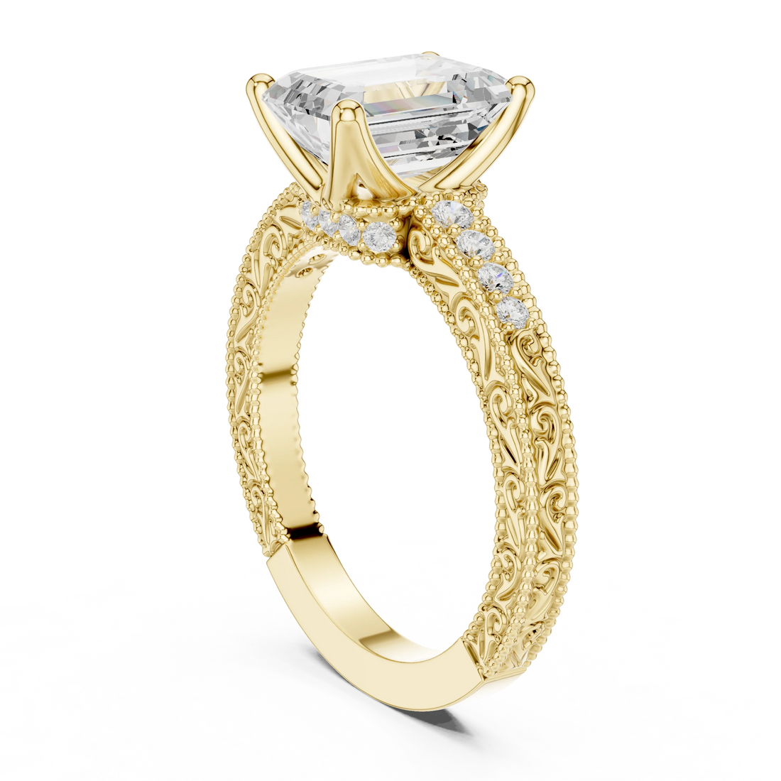 Back view of yellow gold emerald vintage filigree ring with milgrain, channel set diamond band and lab-grown diamond – Australia