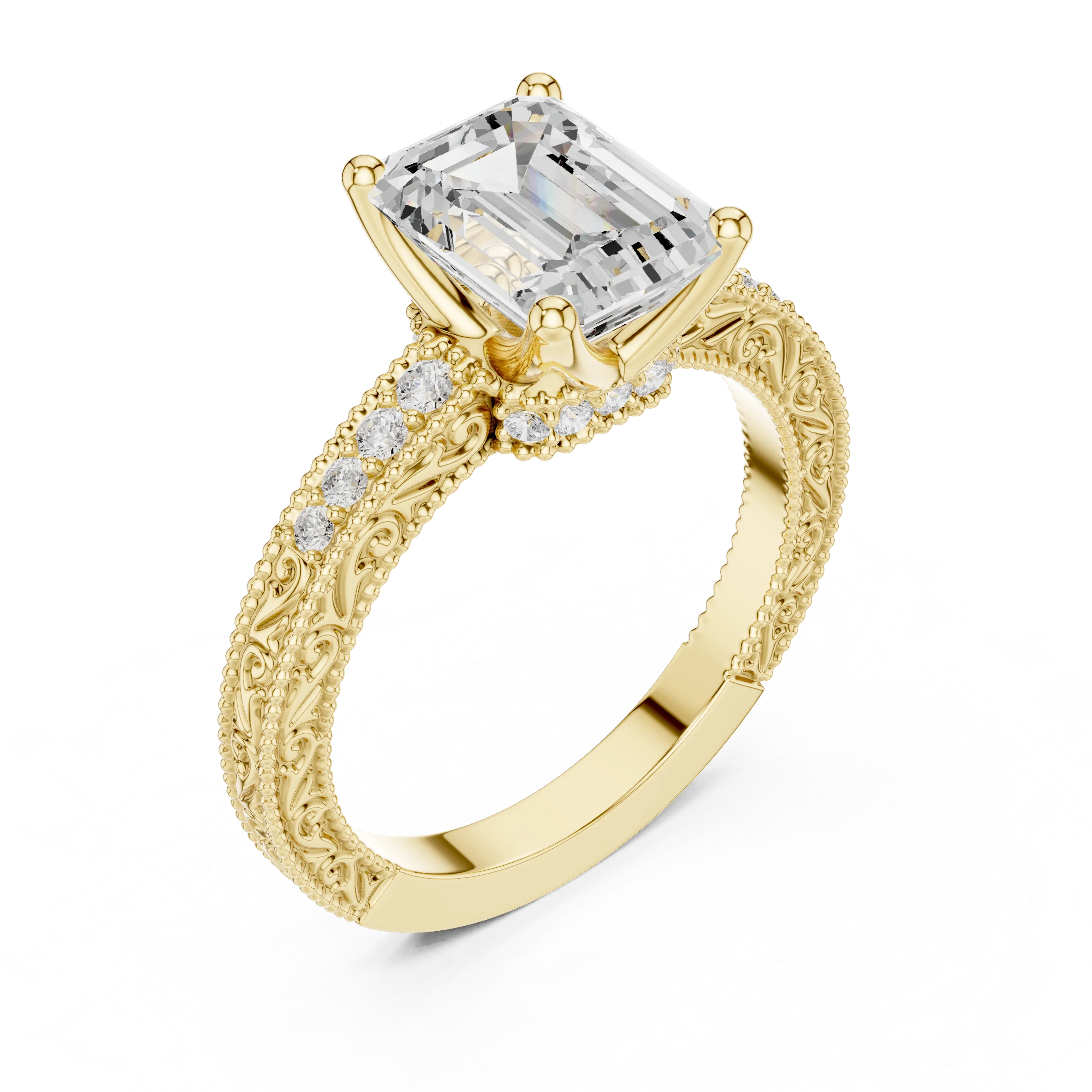 Front view of yellow gold emerald vintage filigree ring with milgrain, channel set diamond band and lab-grown diamond – Australia