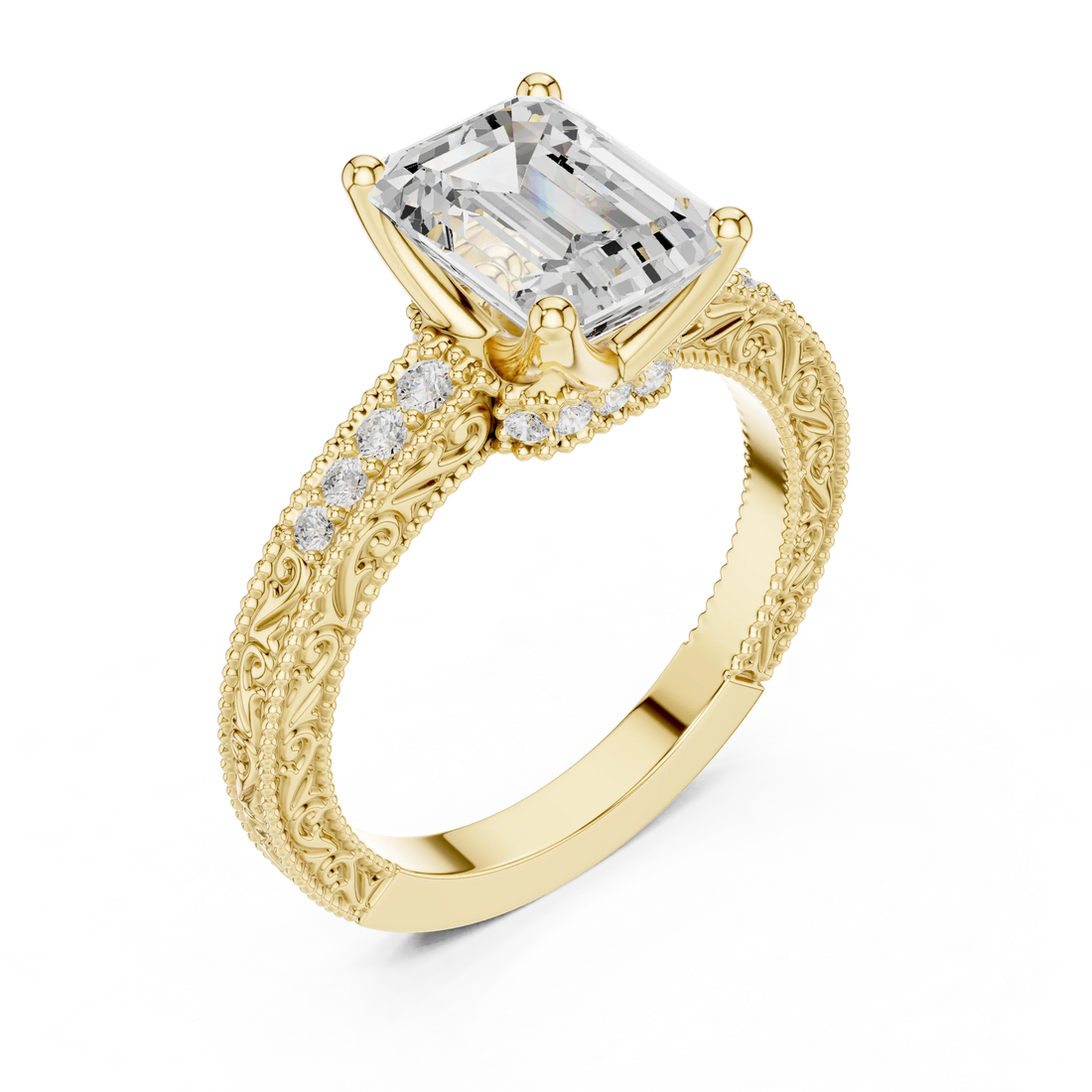 Front view of yellow gold emerald vintage filigree ring with milgrain, channel set diamond band and lab-grown diamond – Australia