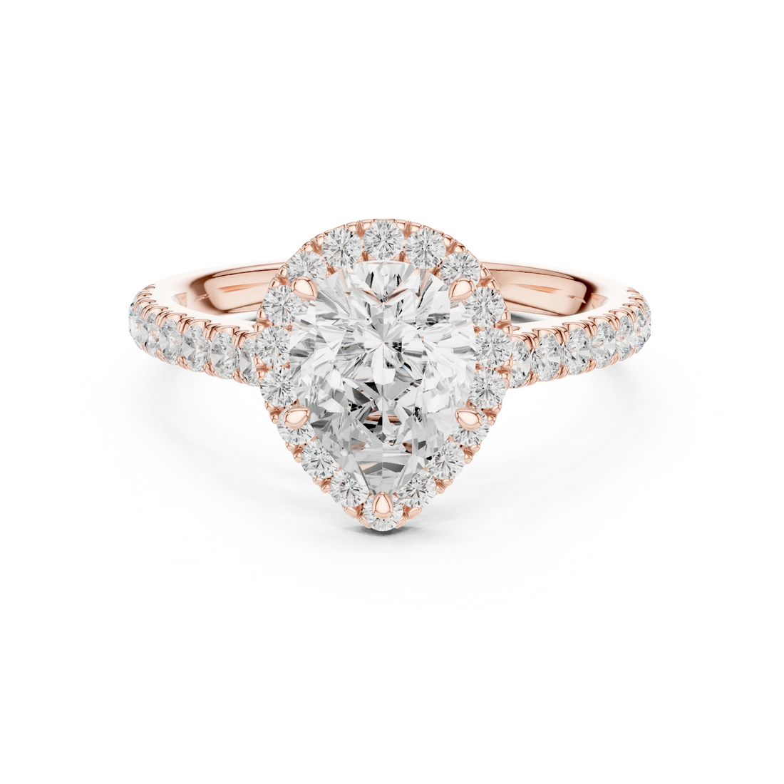Front view of rose gold eternal halo pear cut diamond ring with lab-grown center stone surrounded by halo diamonds, romantic modern look