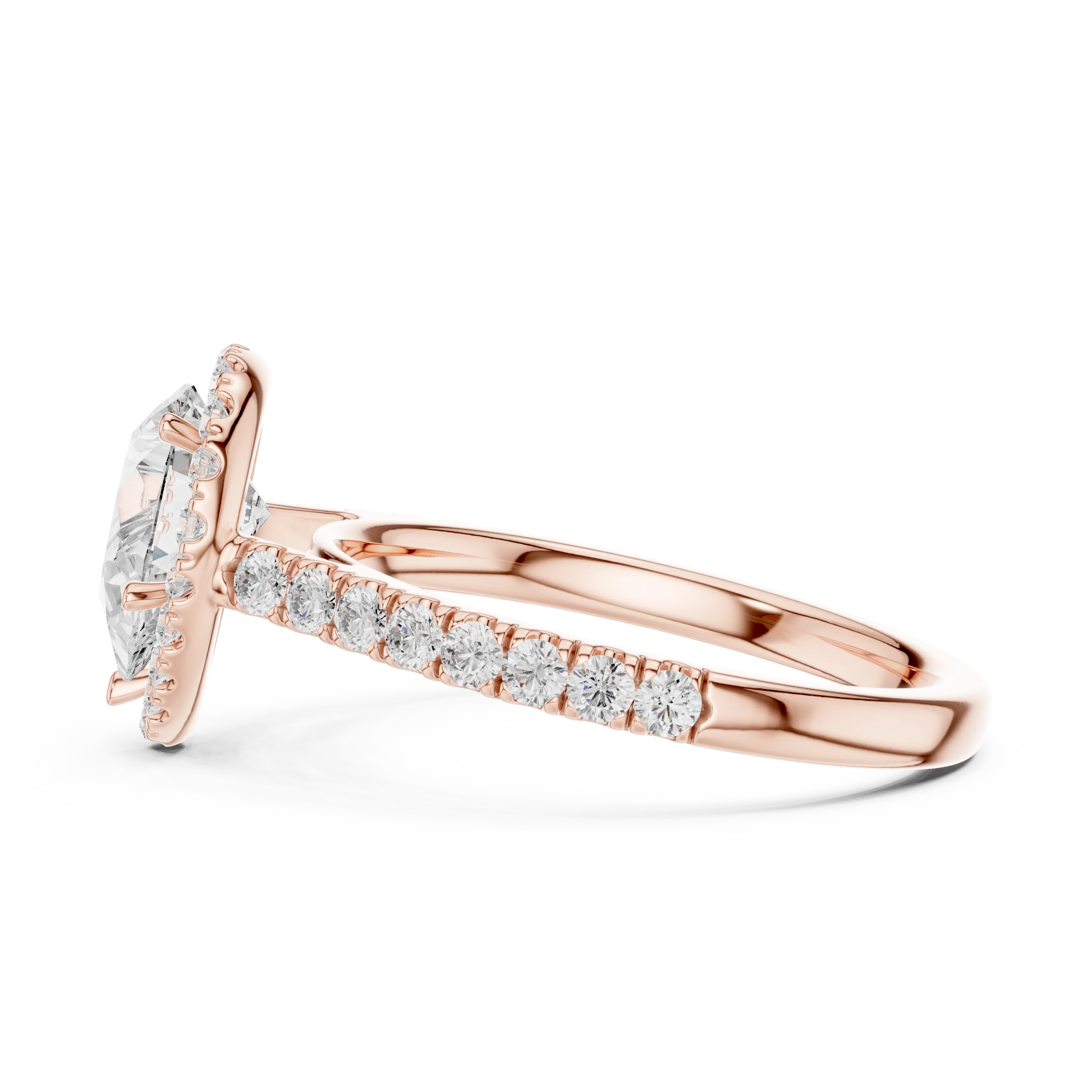 Side view of rose gold pear cut diamond ring with halo setting showcasing elegant band and elevated center stone
