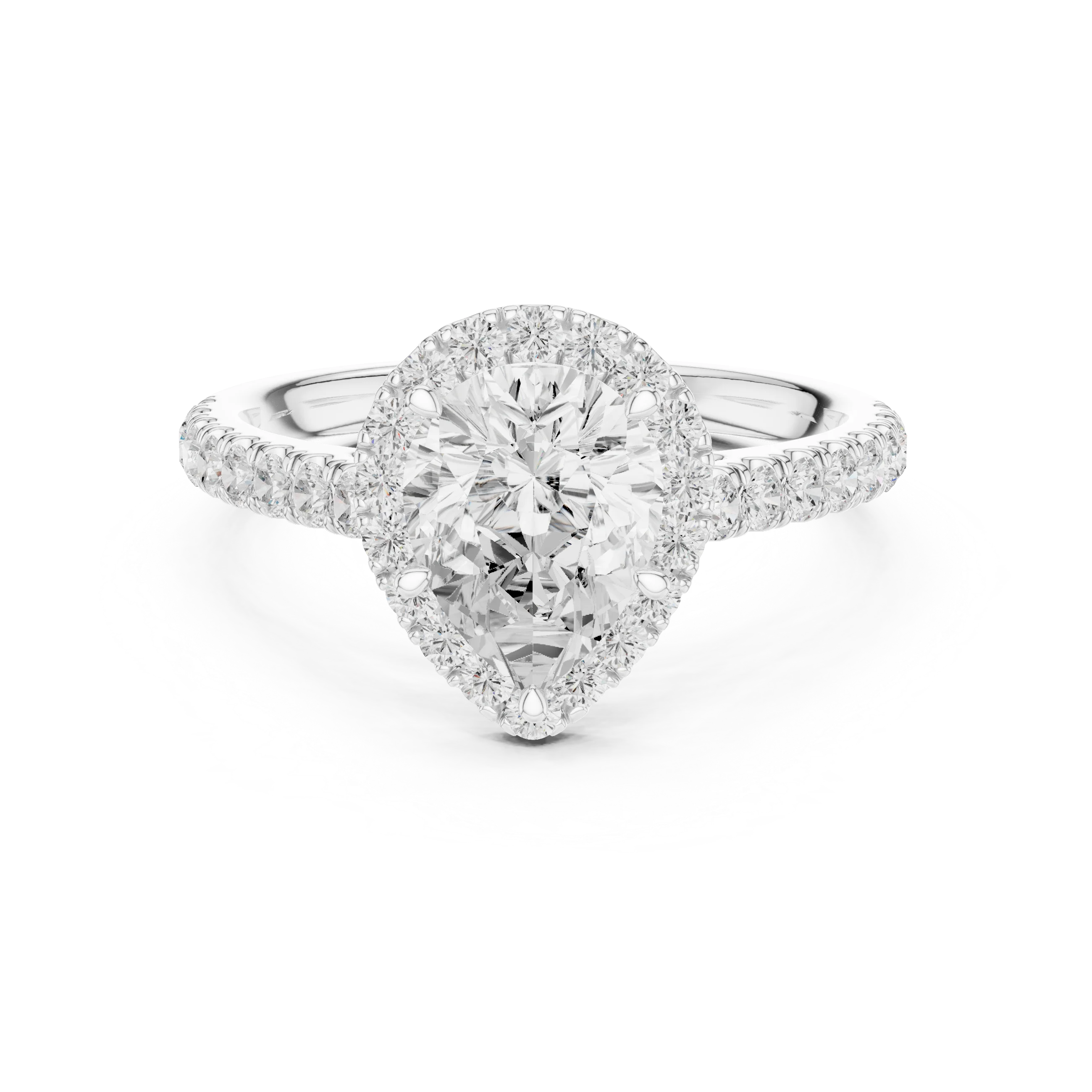 Front view of white gold eternal halo pear cut diamond ring with lab-grown center stone surrounded by halo diamonds, elegant teardrop design