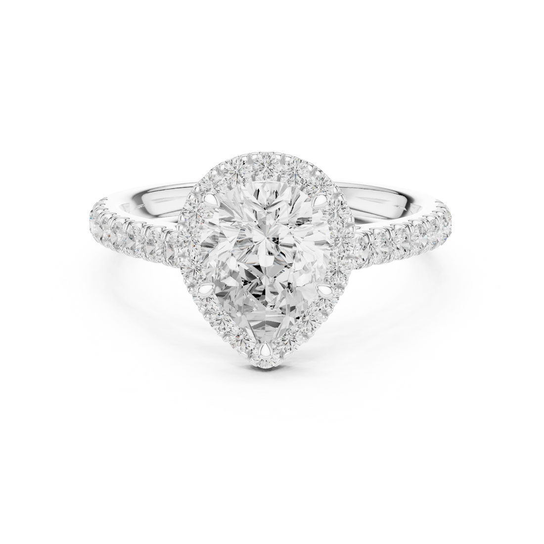 Front view of white gold eternal halo pear cut diamond ring with lab-grown center stone surrounded by halo diamonds, elegant teardrop design