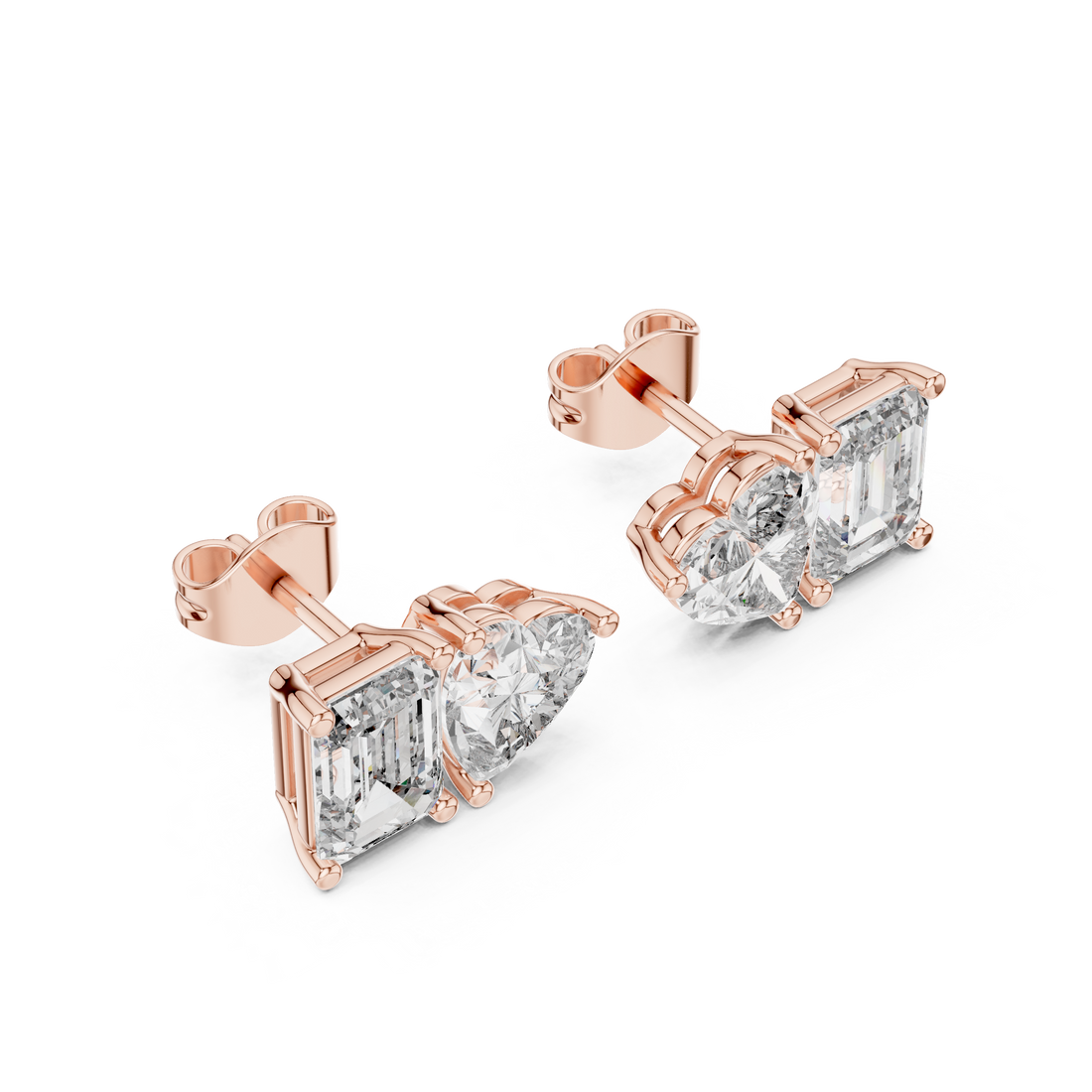 Heart & Emerald Cut Diamond Stud Earrings