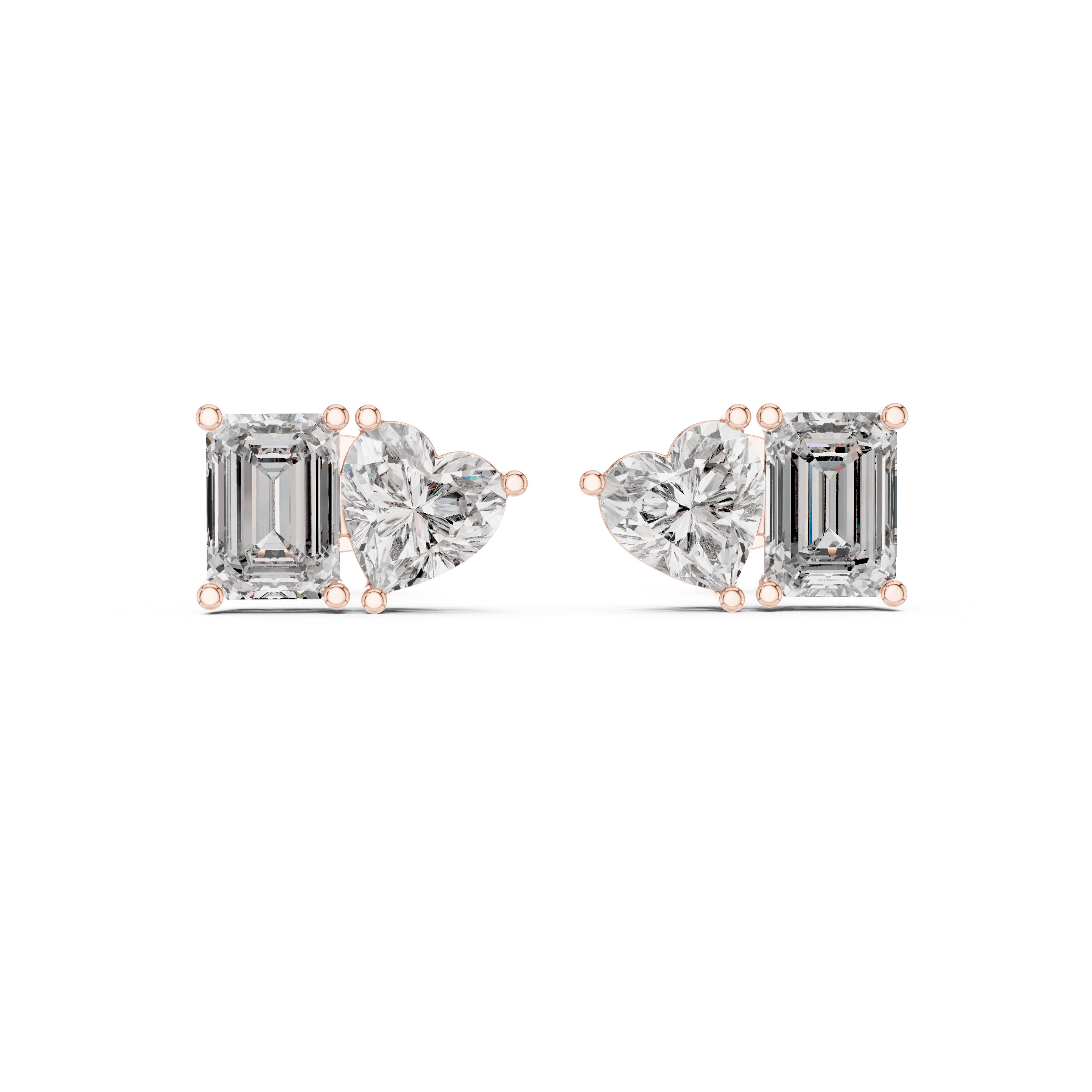 Heart & Emerald Cut Diamond Stud Earrings
