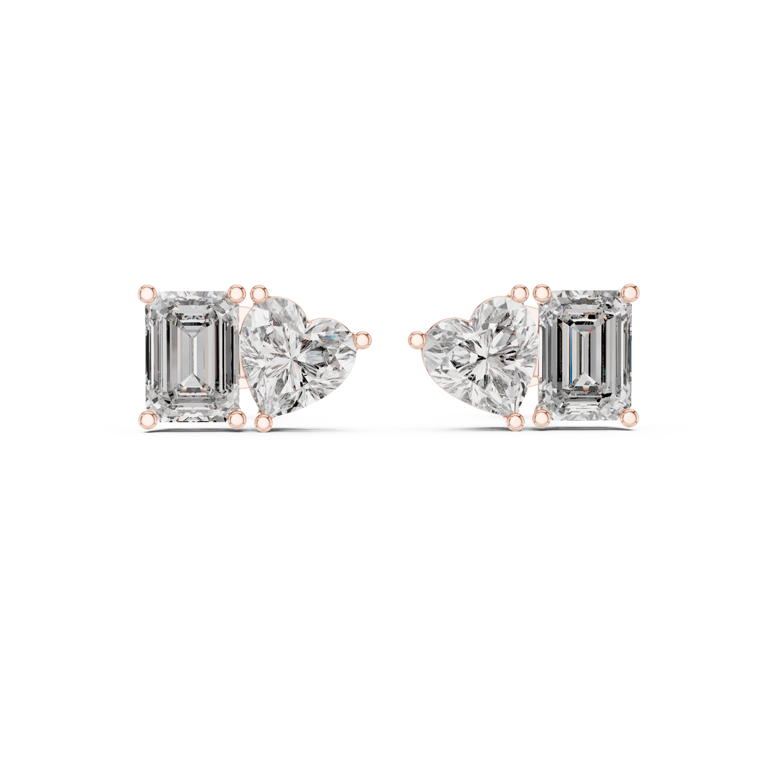Heart & Emerald Cut Diamond Stud Earrings