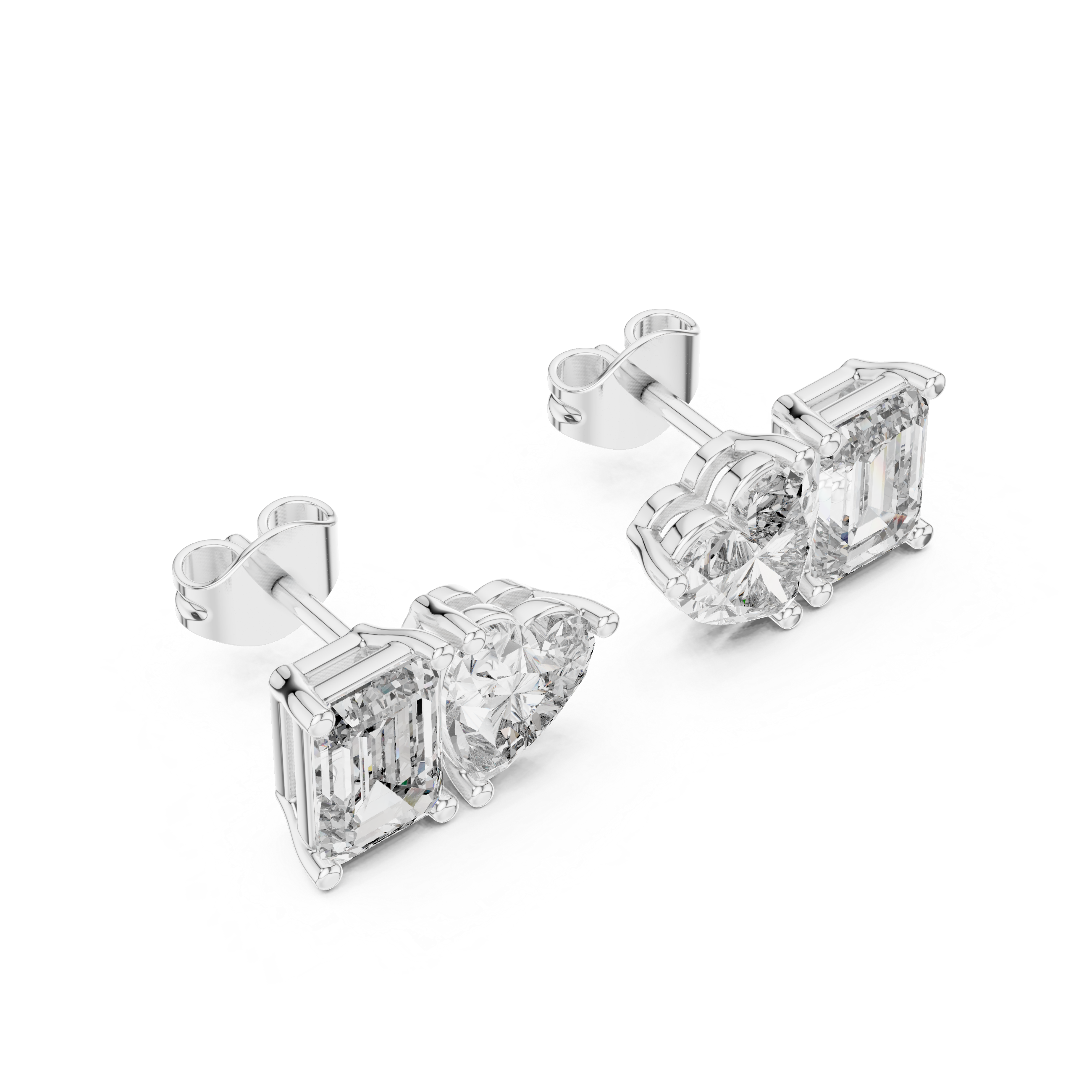 Heart & Emerald Cut Diamond Stud Earrings