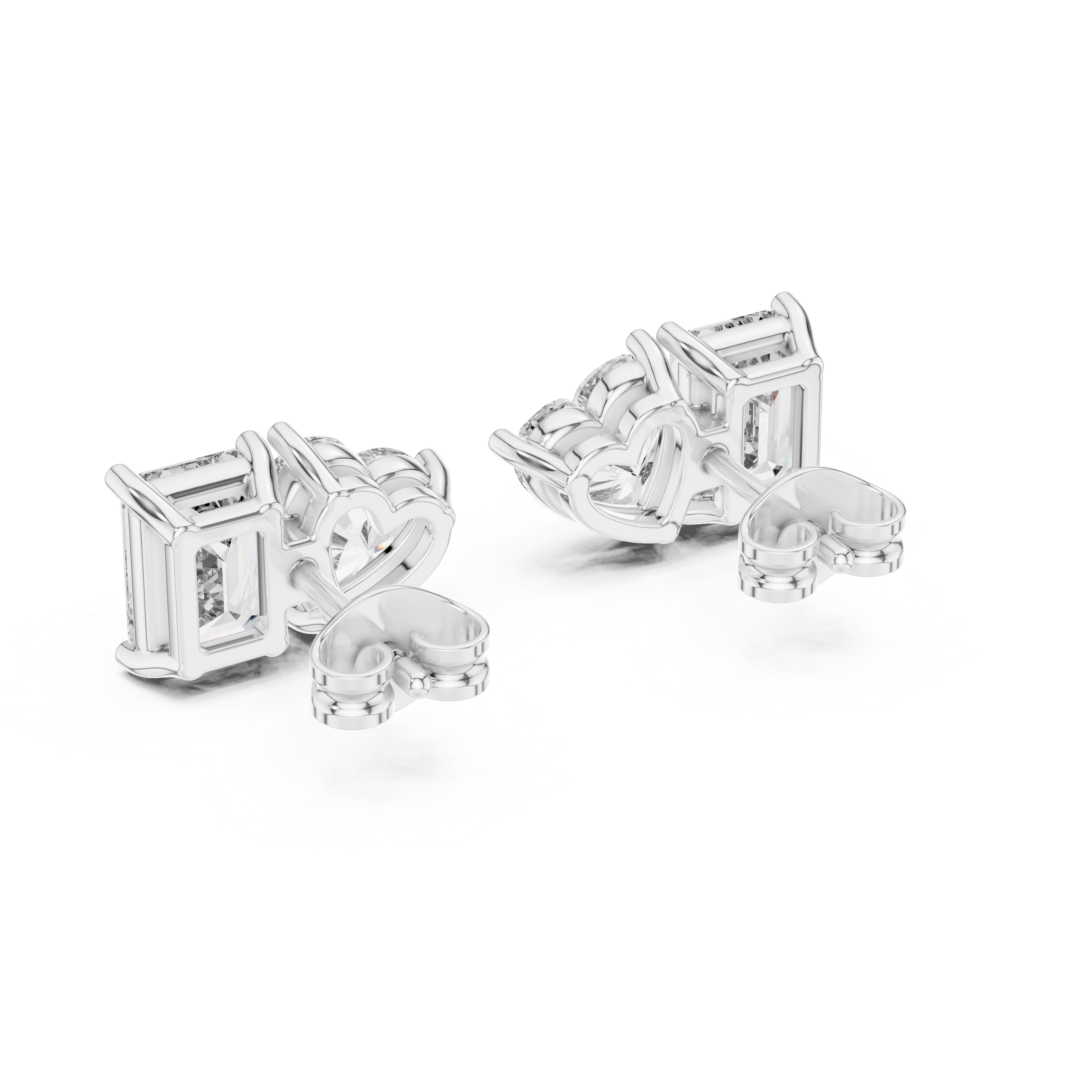 Heart & Emerald Cut Diamond Stud Earrings